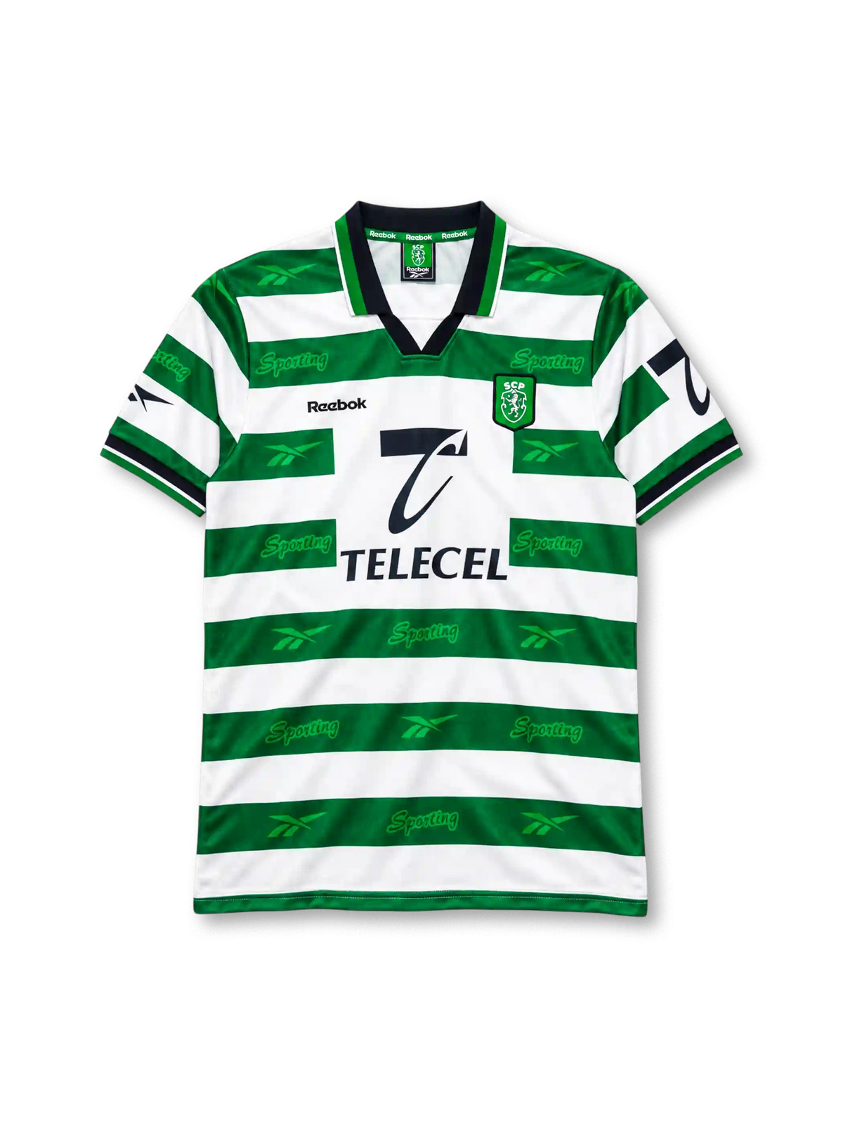 Sporting CP 1999-2000 home jersey Reebok front view green white hoops