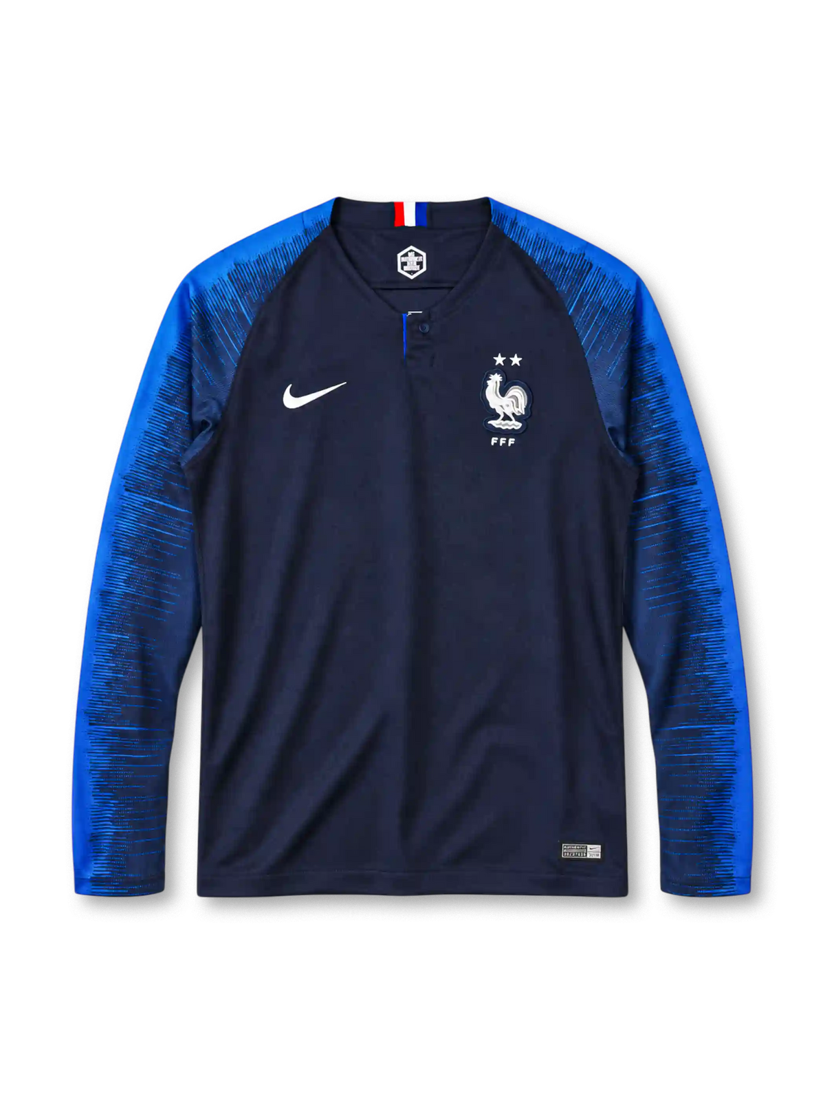 France 2018 long-sleeve home jersey Nike front view navy blue gradient sleeves