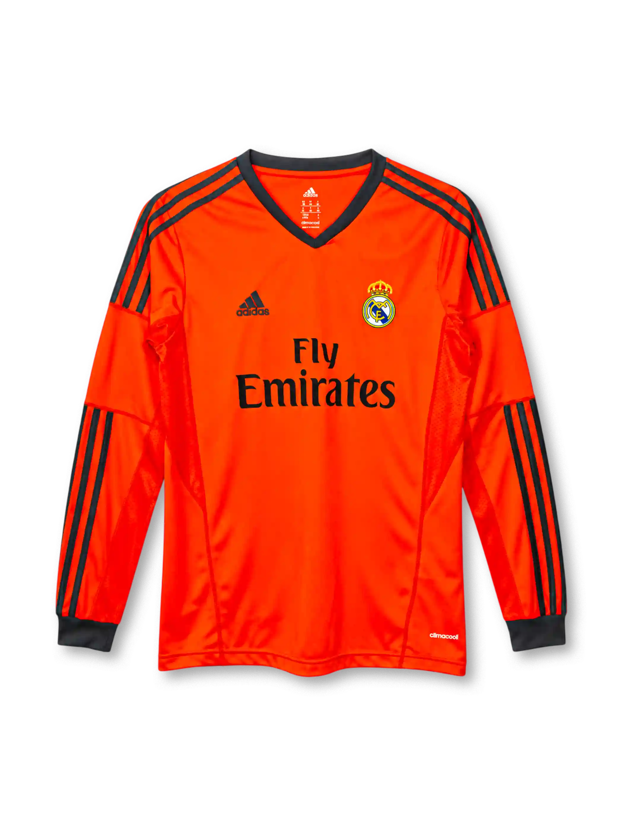 Real Madrid 2013-14 long-sleeve third jersey adidas front view orange black stripes