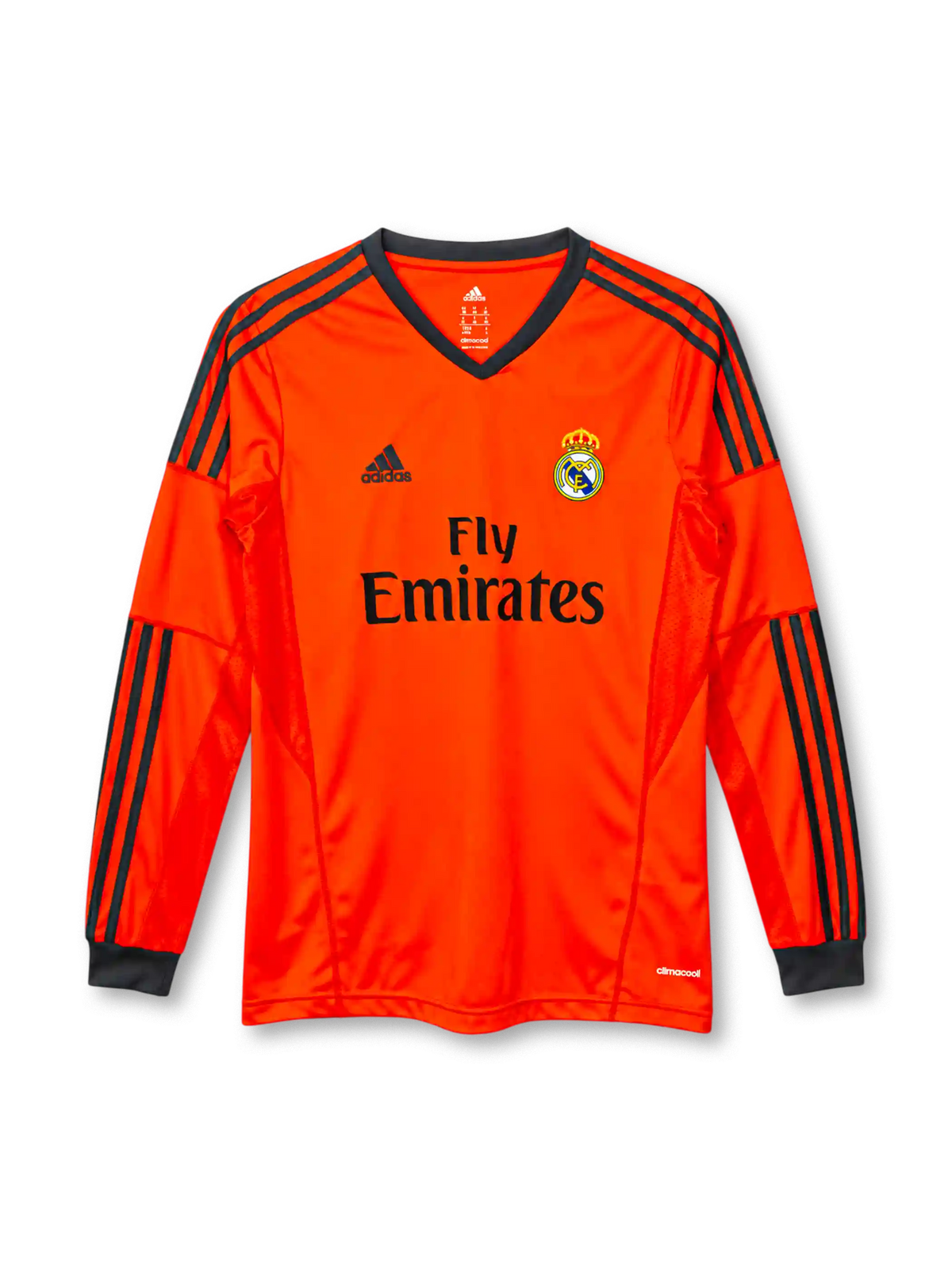 Real Madrid 2013-14 long-sleeve third jersey adidas front view orange black stripes