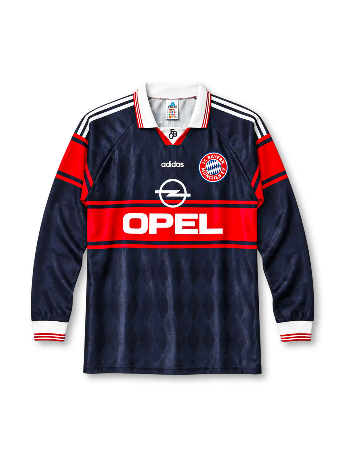 Bayern Munich 1997-99 long-sleeve home jersey adidas front view navy diamond pattern