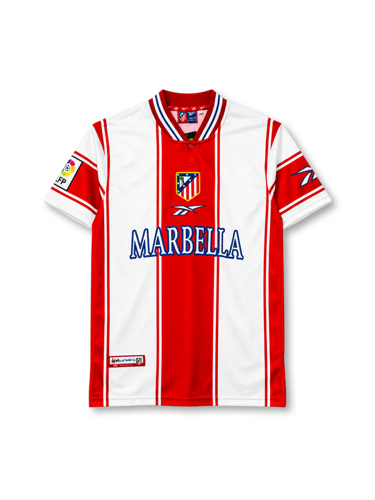 Atletico Madrid 1999-2000 home jersey Reebok front view red white stripes