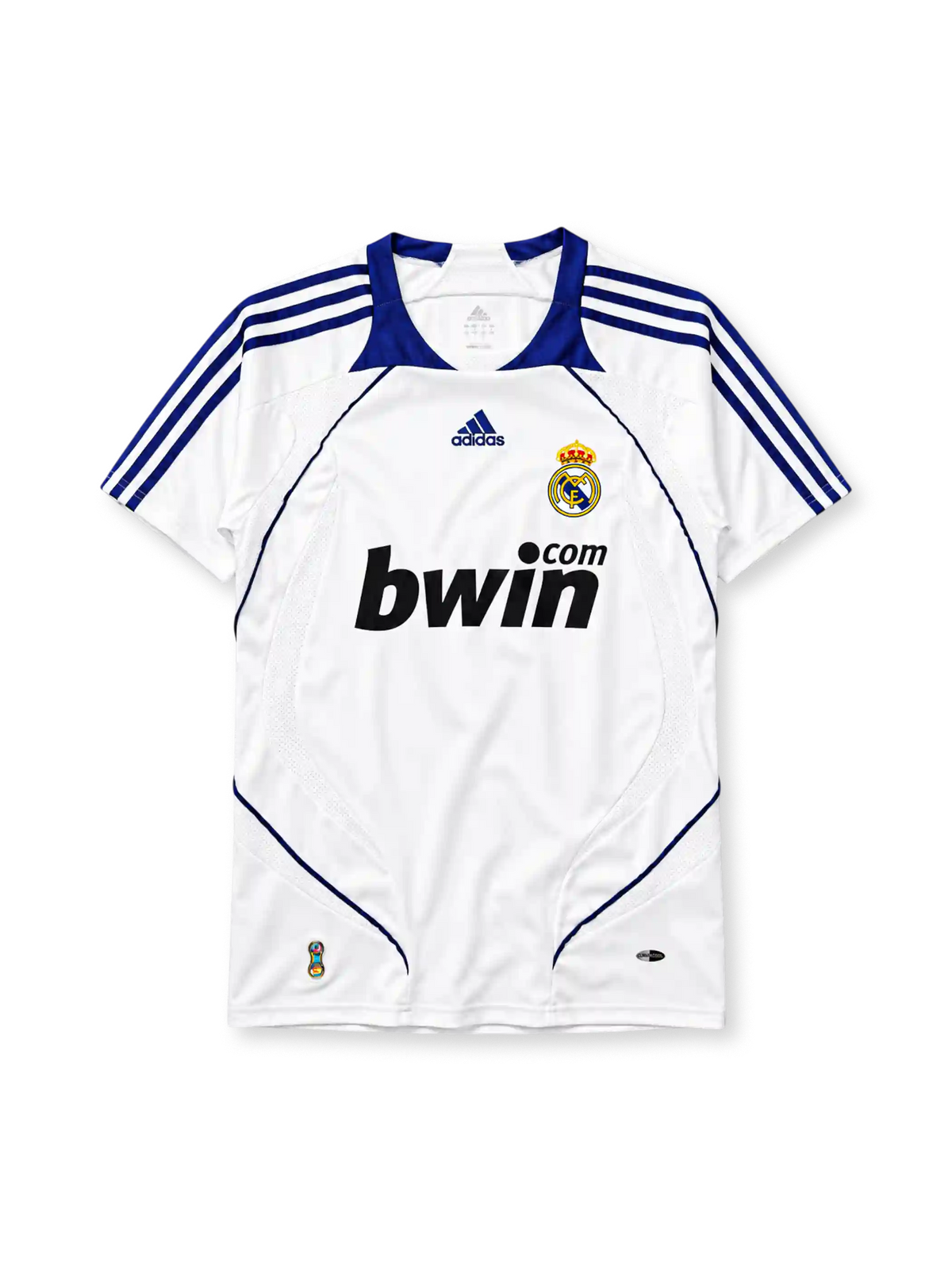 Real Madrid 2007-08 home jersey adidas front view white blue stripes