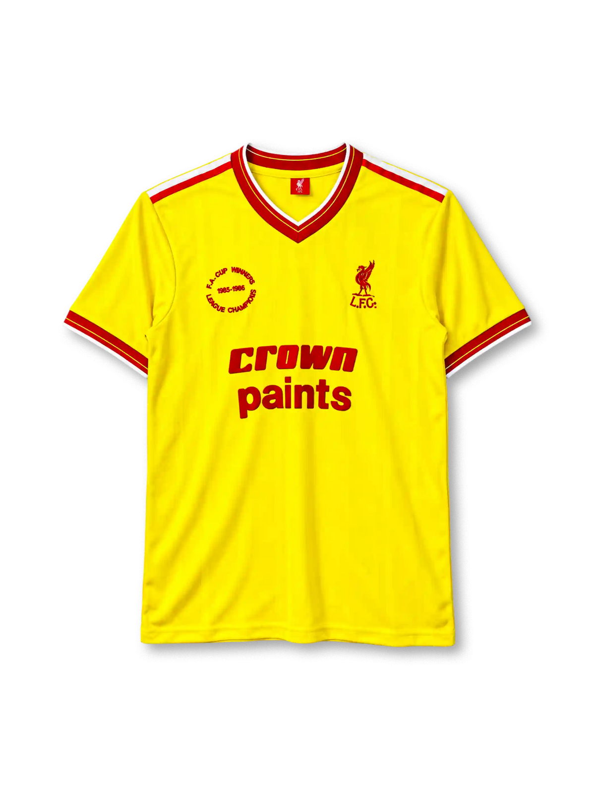 Liverpool 1985-86 third jersey front view yellow Crown Paints double winners