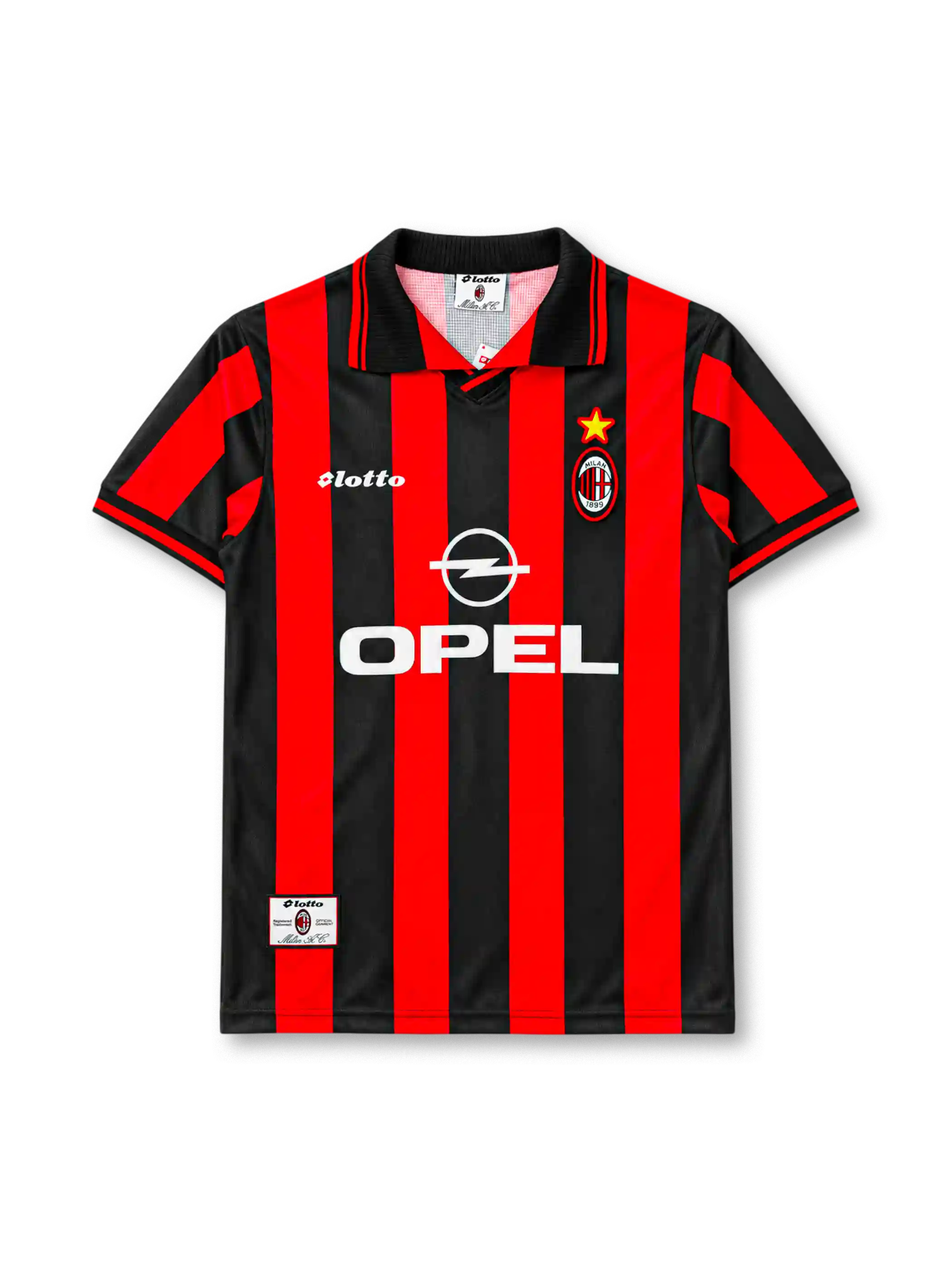 AC Milan 1997-98 home jersey Lotto front view red black stripes