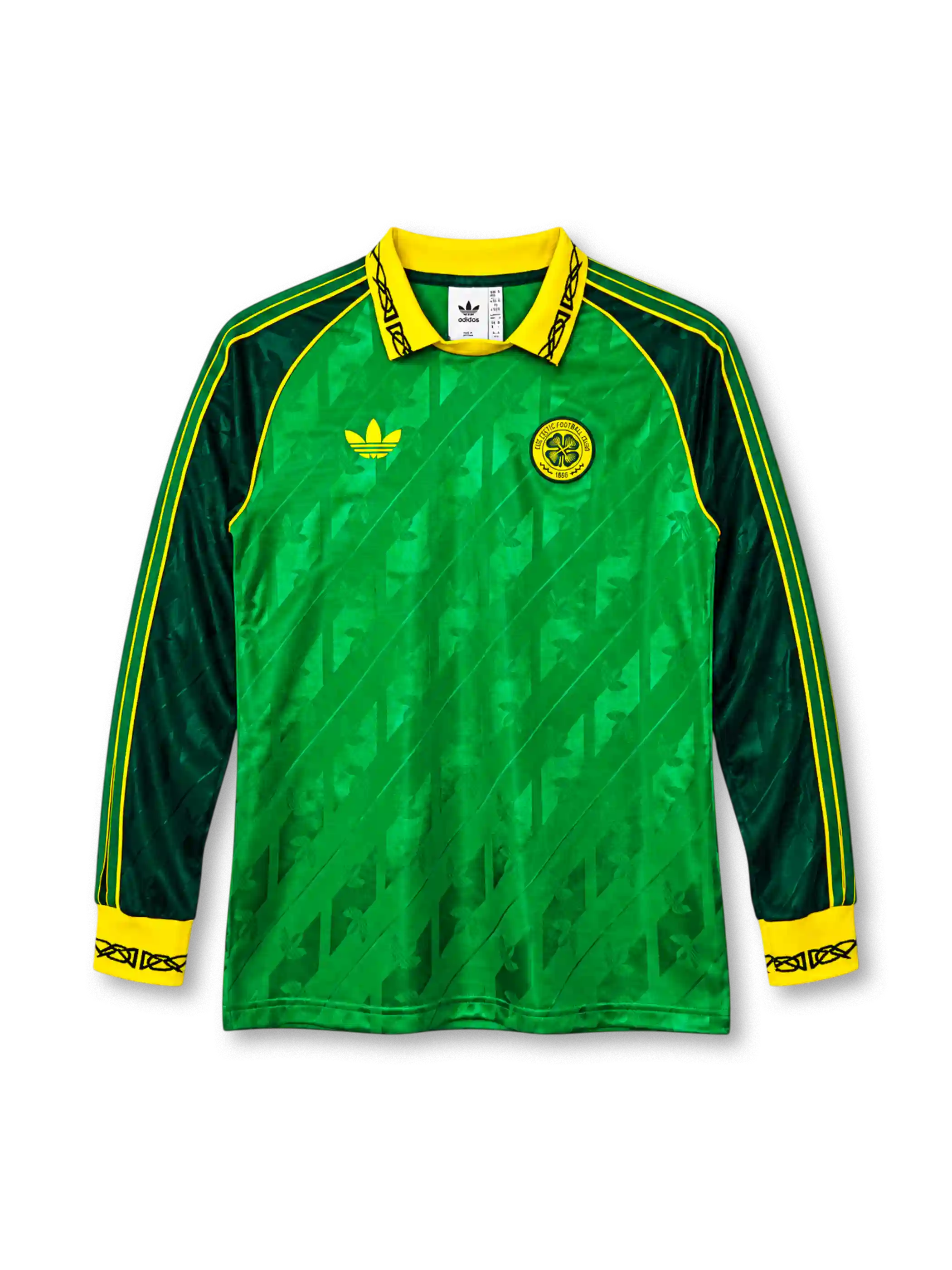Celtic FC 138th anniversary long-sleeve home jersey adidas front view green shamrock pattern
