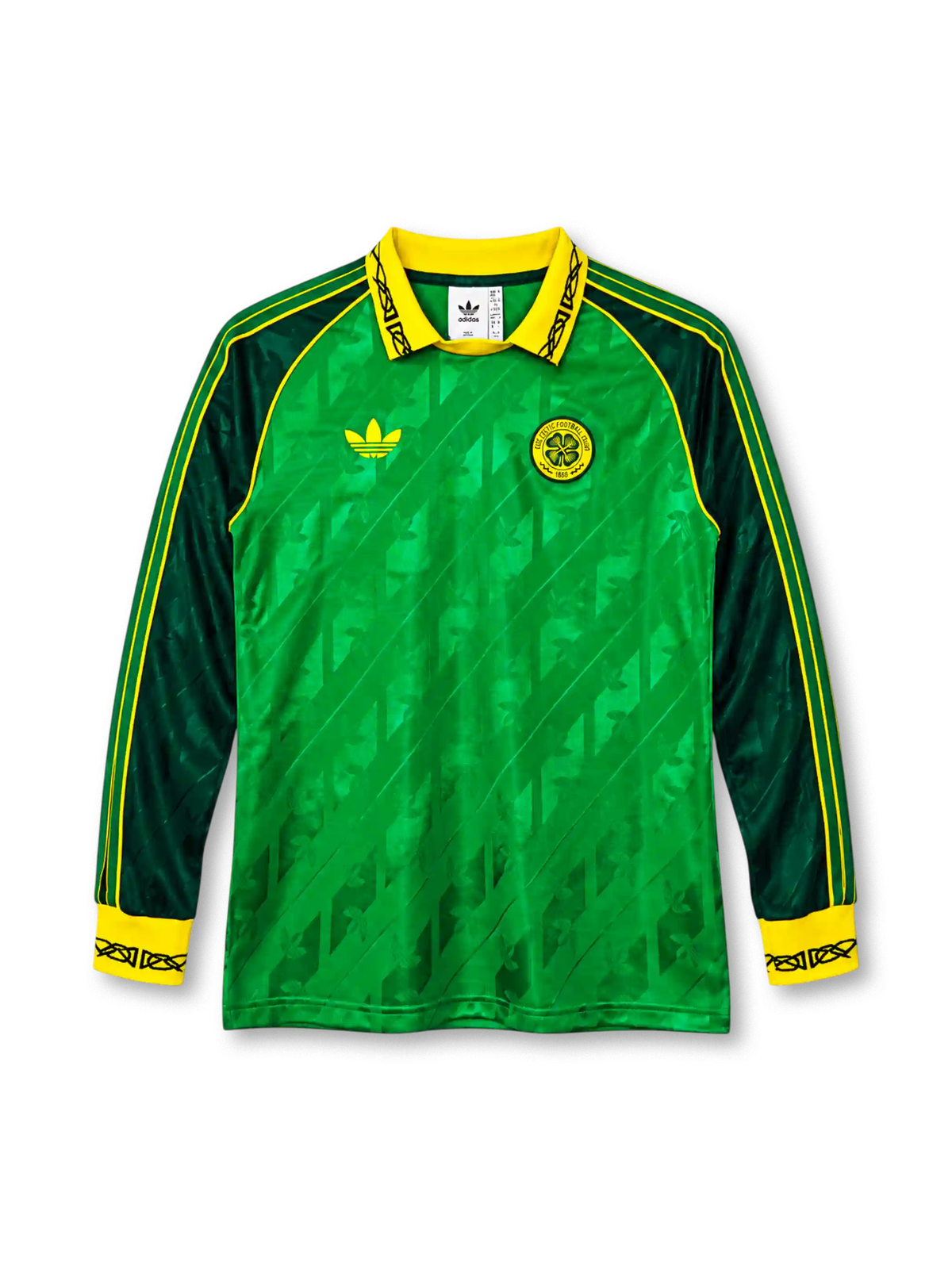 Celtic FC 138th anniversary long-sleeve home jersey adidas front view green shamrock pattern