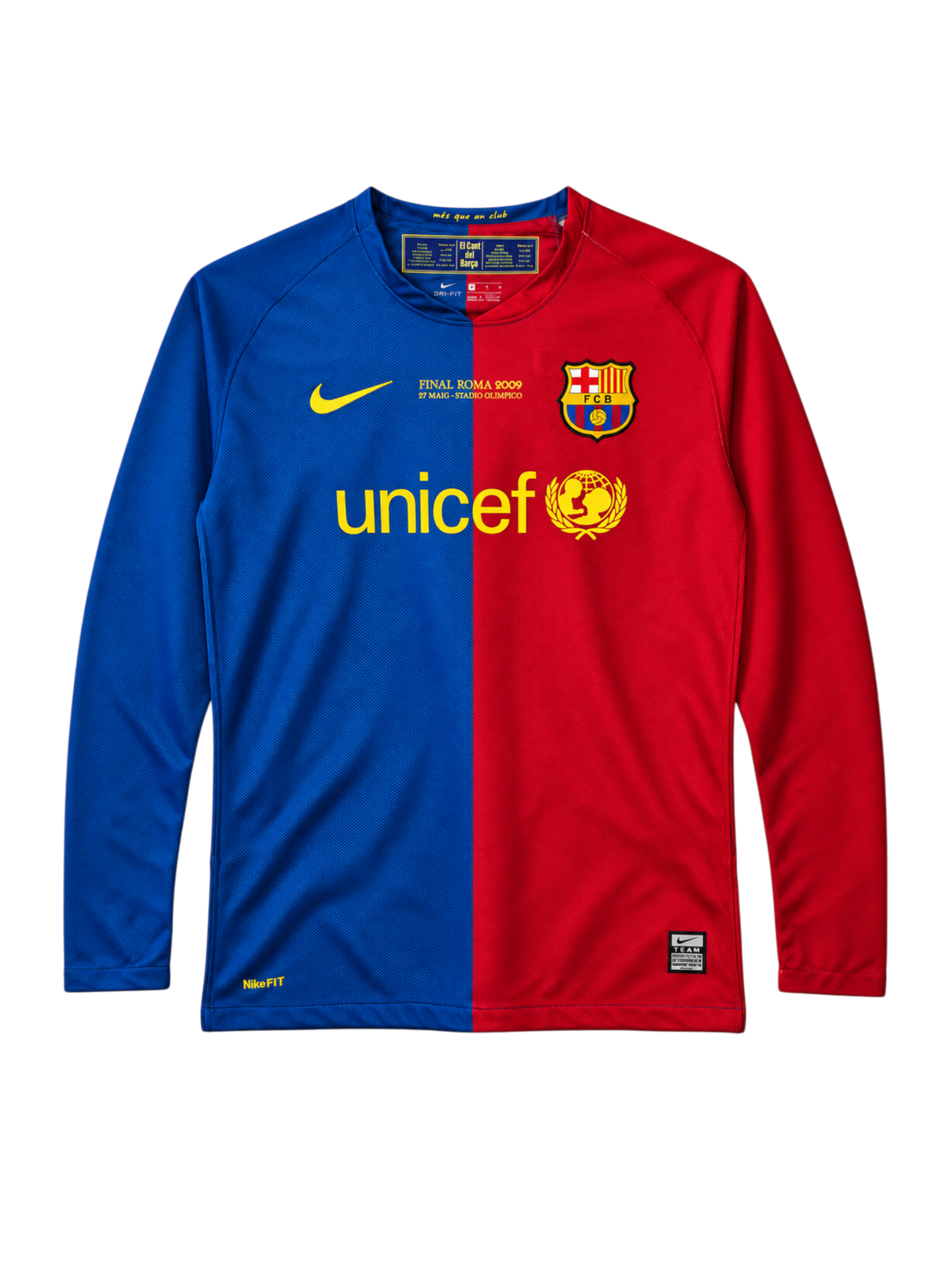 FC Barcelona 2008-09 long-sleeve Champions League final jersey, front view, blue and red split body, Final Roma 2009 text, Nike swoosh, Unicef sponsor logo, club crest