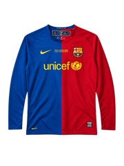FC Barcelona 2008-09 long-sleeve Champions League final jersey, front view, blue and red split body, Final Roma 2009 text, Nike swoosh, Unicef sponsor logo, club crest
