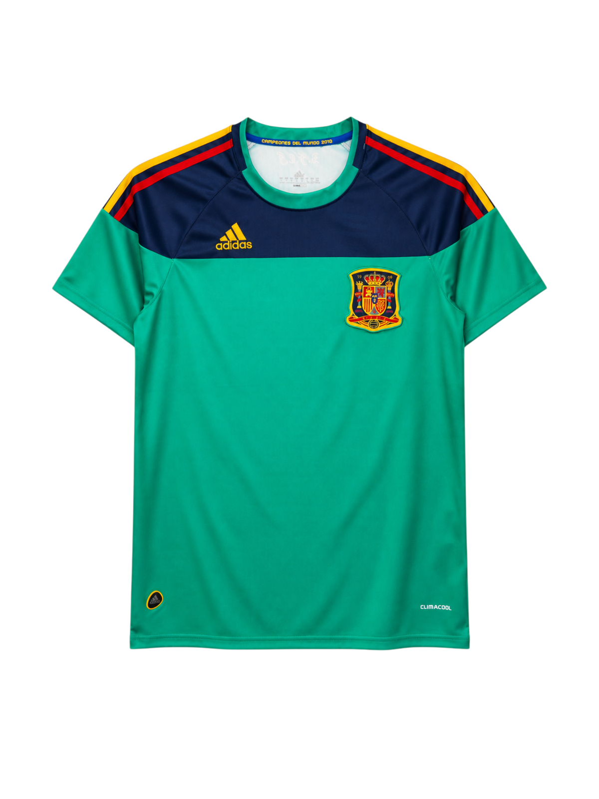 Spain 2010 World Cup goalkeeper jersey, front view, green body with navy yoke, red and yellow sleeve stripes, adidas logo, Spanish federation crest, Campeones del Mundo 2010 collar tape
