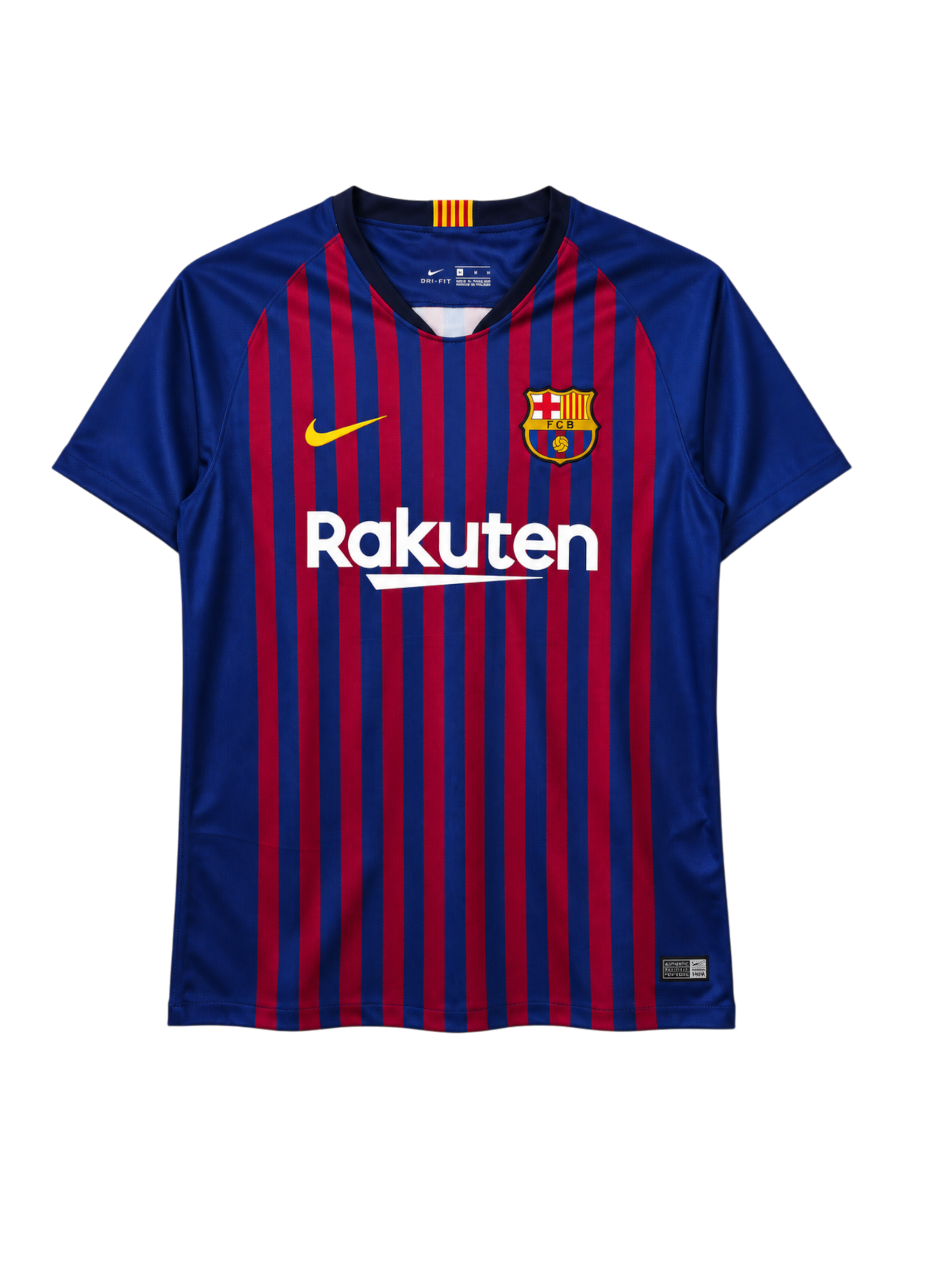FC Barcelona 2018-19 home jersey, front view, blue and red vertical stripes, navy collar with Catalan flag detail, Nike swoosh, Rakuten sponsor logo, club crest