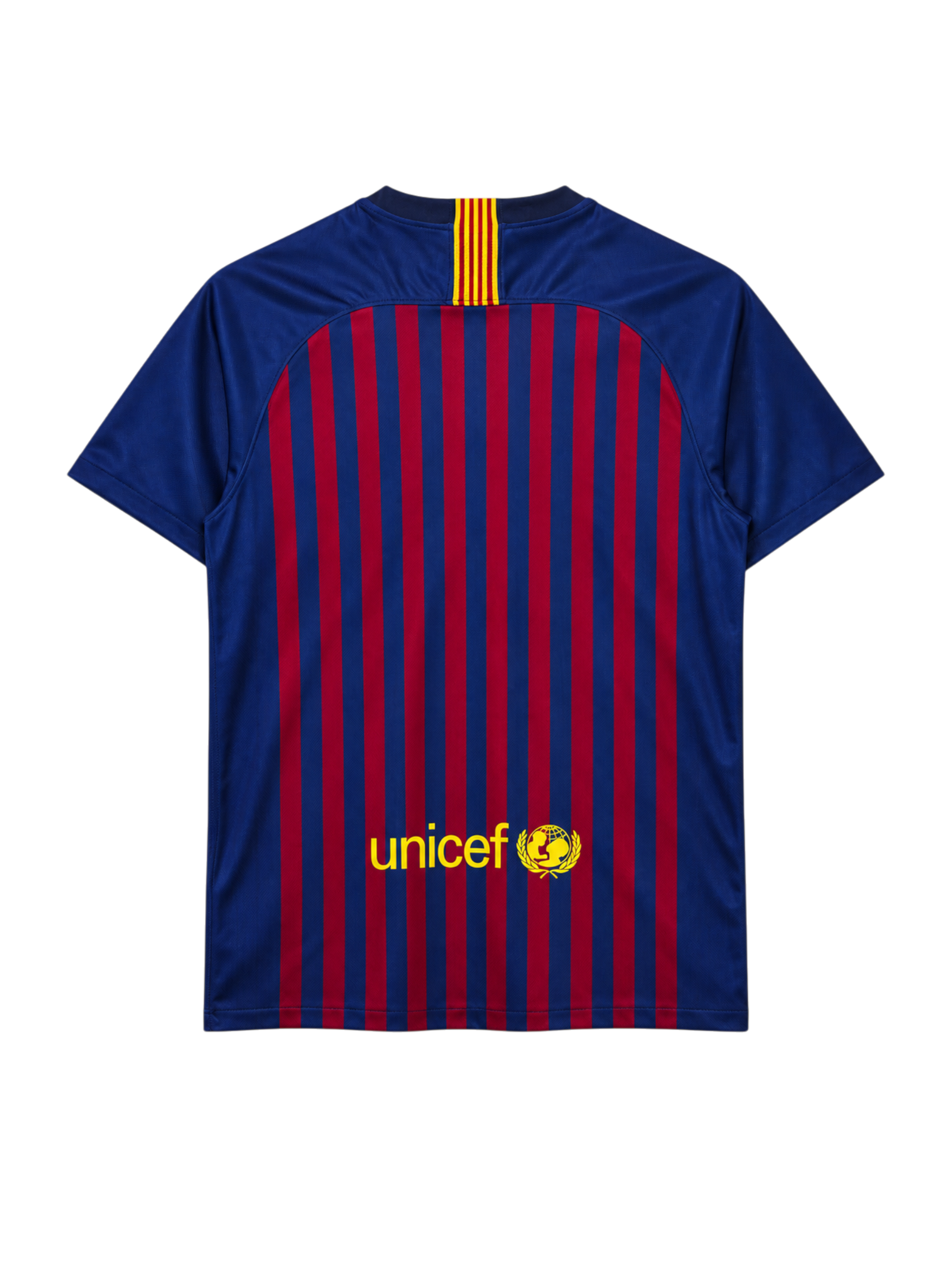 FC Barcelona 2018-19 home jersey, front view, blue and red vertical stripes, navy collar with Catalan flag detail, Nike swoosh, Rakuten sponsor logo, club crest