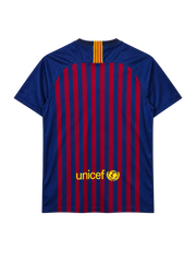 FC Barcelona 2018-19 home jersey, front view, blue and red vertical stripes, navy collar with Catalan flag detail, Nike swoosh, Rakuten sponsor logo, club crest