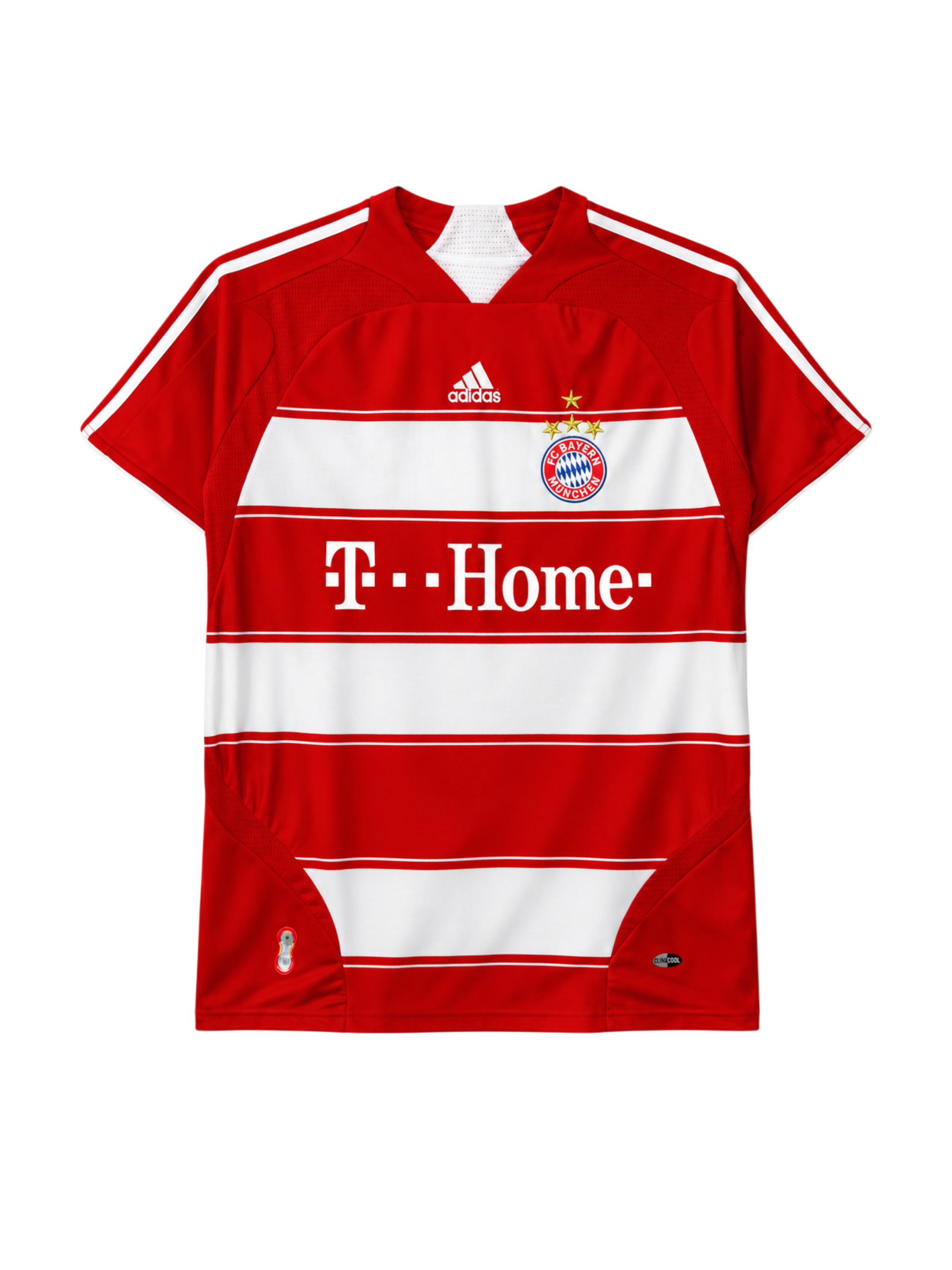 Bayern Munich 2007-08 home jersey, front view, red and white horizontal stripes, white shoulder stripes, adidas logo, T-Home sponsor logo, club crest with three stars