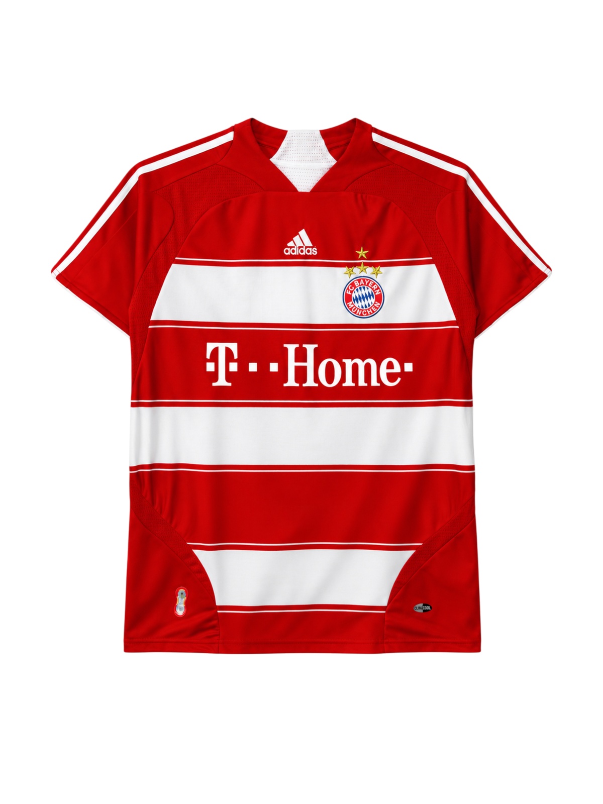 Bayern Munich 2007-08 home jersey, front view, red and white horizontal stripes, white shoulder stripes, adidas logo, T-Home sponsor logo, club crest with three stars
