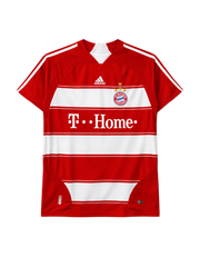 Bayern Munich 2007-08 home jersey, front view, red and white horizontal stripes, white shoulder stripes, adidas logo, T-Home sponsor logo, club crest with three stars