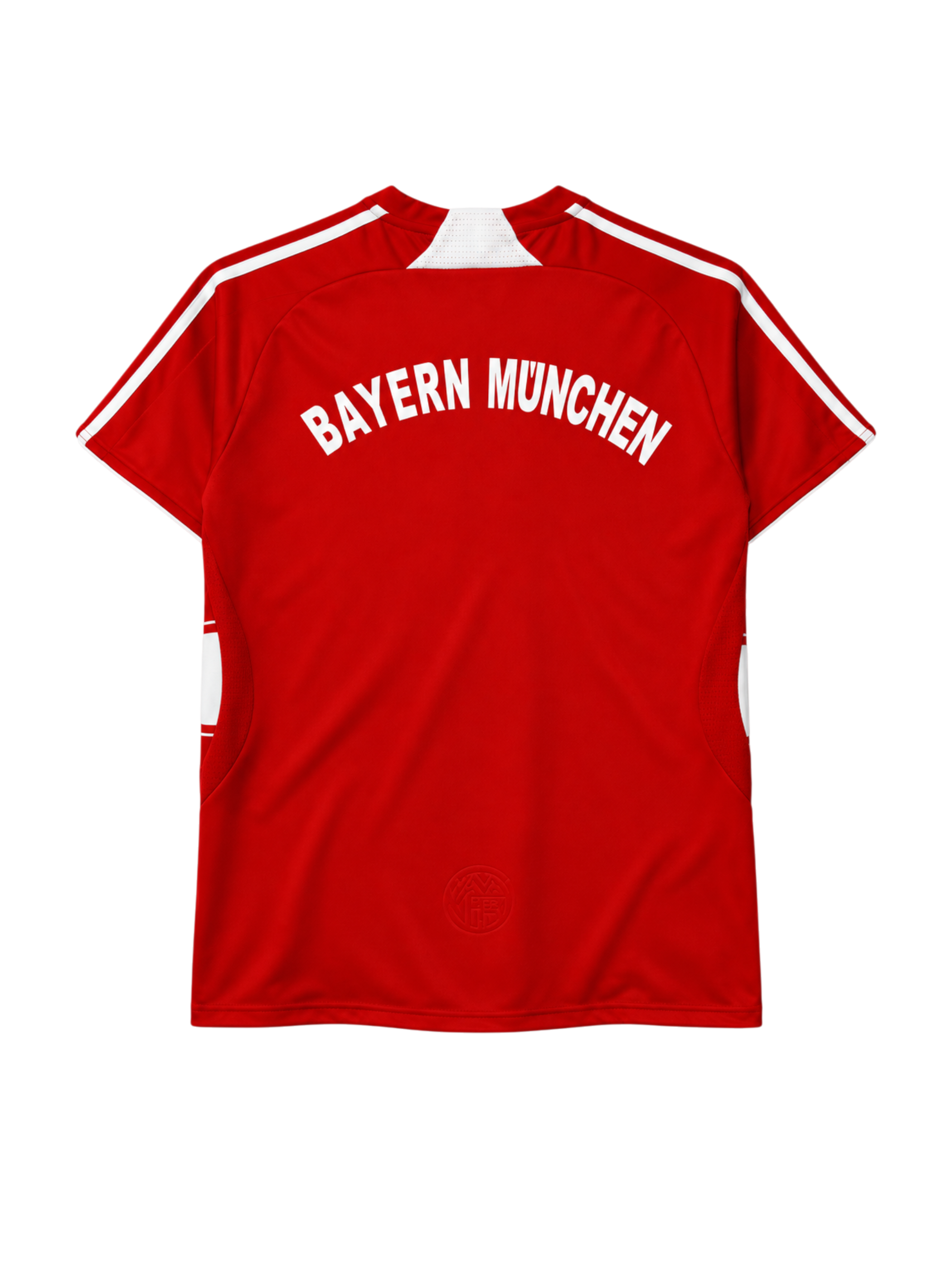 Bayern Munich 2007-08 home jersey, front view, red and white horizontal stripes, white shoulder stripes, adidas logo, T-Home sponsor logo, club crest with three stars