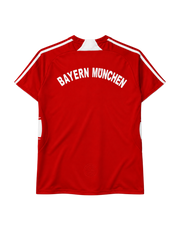 Bayern Munich 2007-08 home jersey, front view, red and white horizontal stripes, white shoulder stripes, adidas logo, T-Home sponsor logo, club crest with three stars