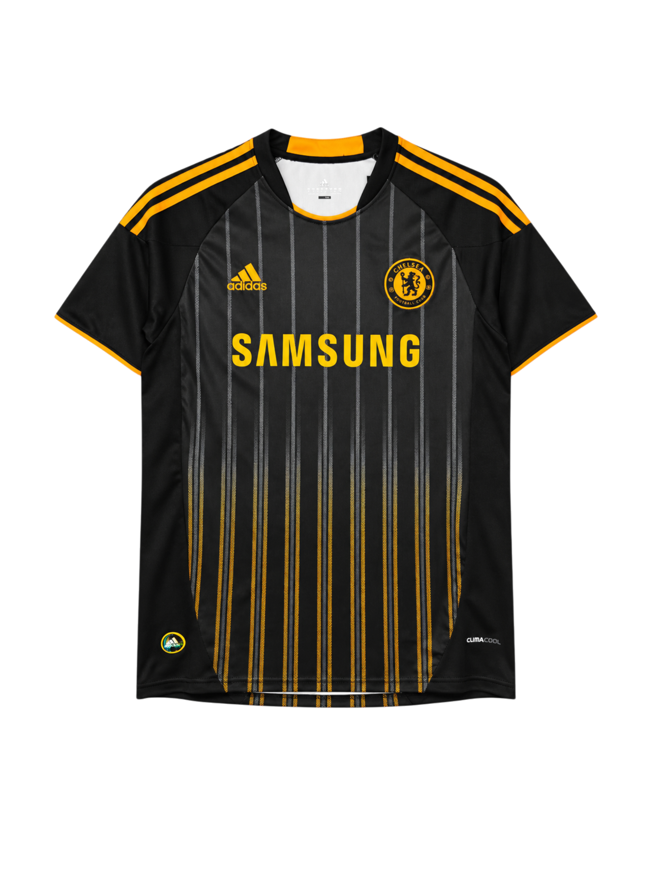 Chelsea 2010-11 away jersey, front view, black body with fading gold pinstripes, gold shoulder stripes, adidas logo, Samsung sponsor logo, club crest