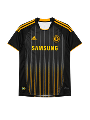 Chelsea 2010-11 away jersey, front view, black body with fading gold pinstripes, gold shoulder stripes, adidas logo, Samsung sponsor logo, club crest
