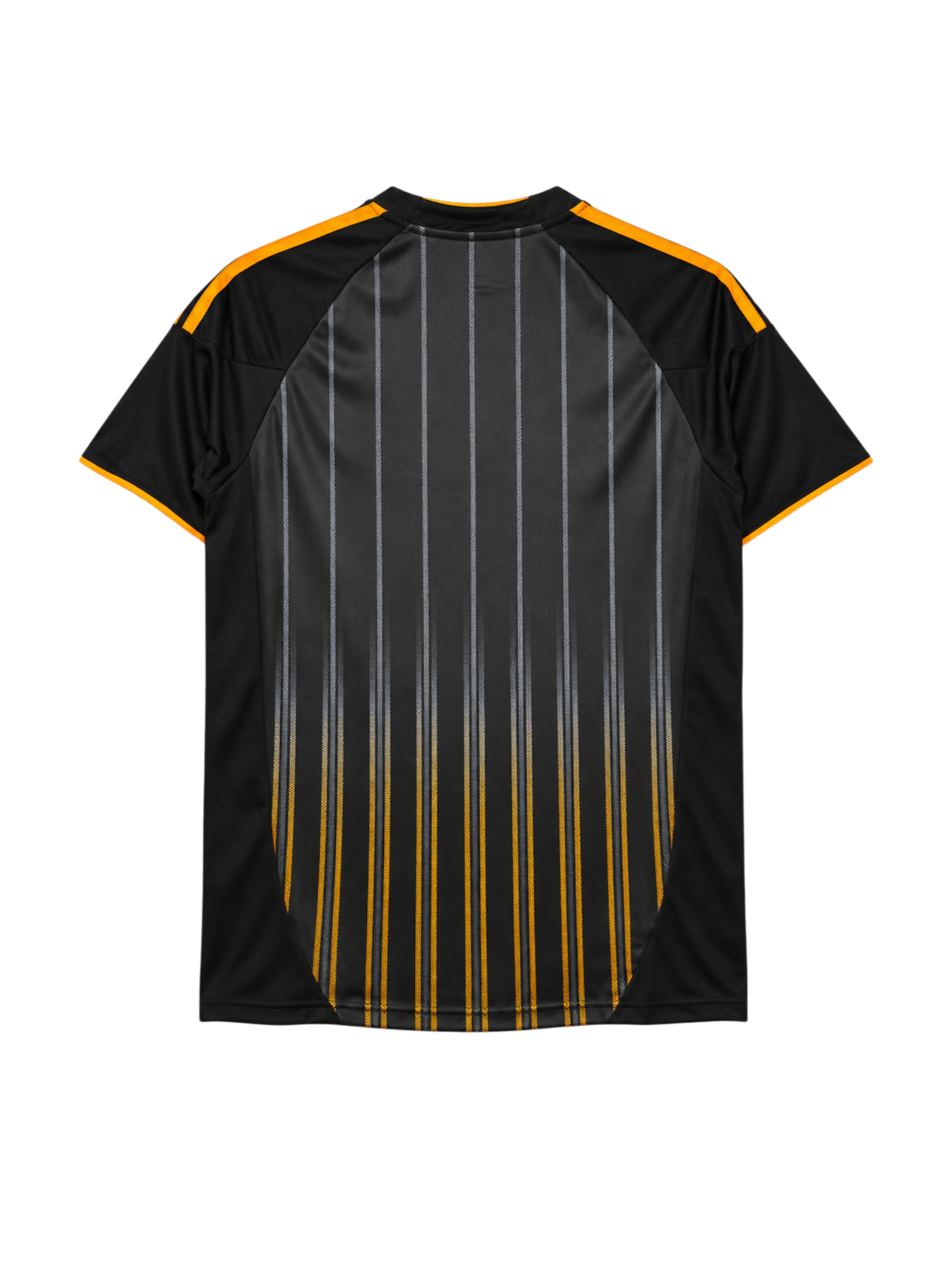 Chelsea 2010-11 away jersey, front view, black body with fading gold pinstripes, gold shoulder stripes, adidas logo, Samsung sponsor logo, club crest