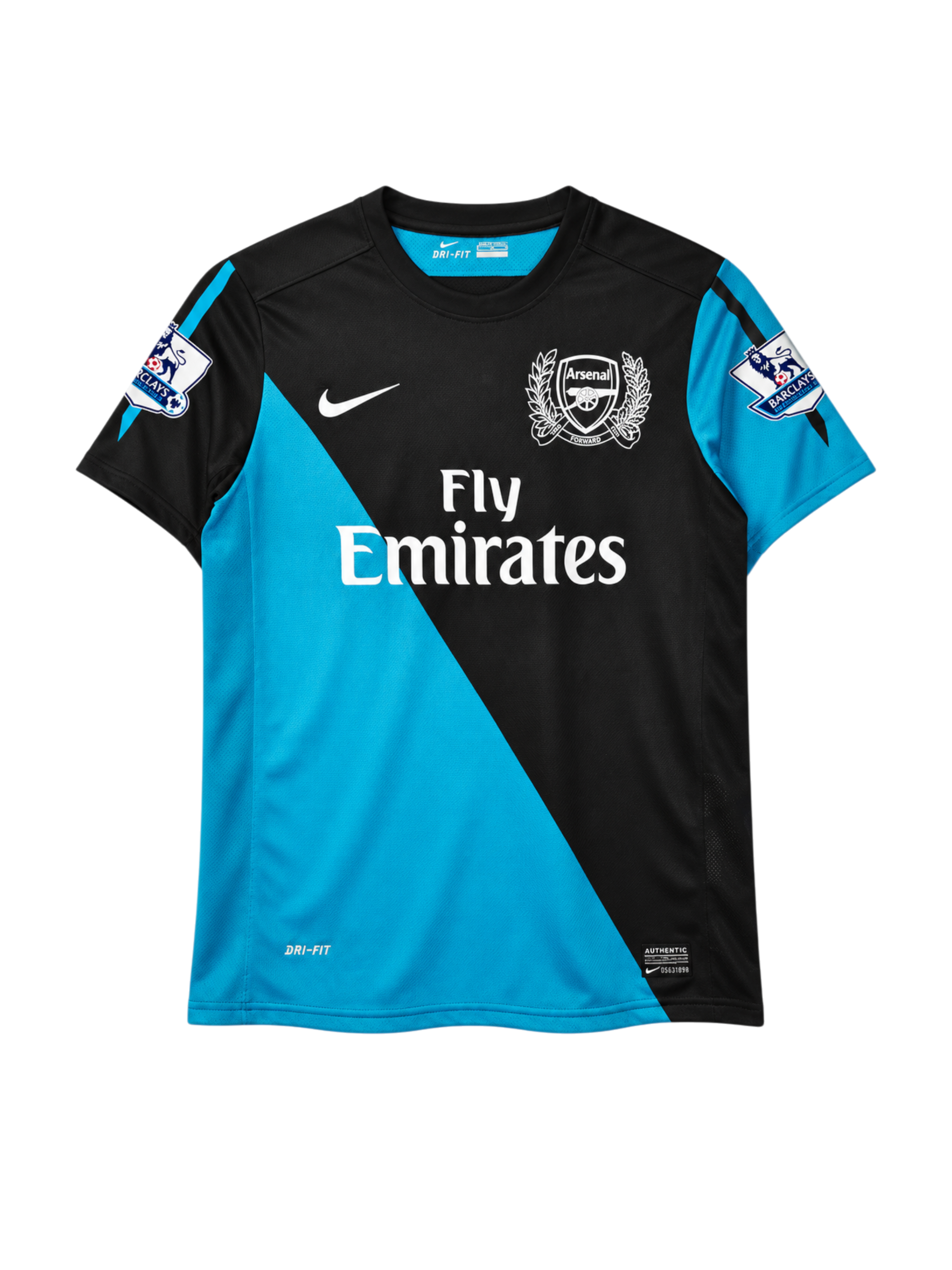 Arsenal 2011-12 away jersey, front view, black and sky blue diagonal split, Nike swoosh, Fly Emirates sponsor logo, 125th anniversary crest, Premier League sleeve patches