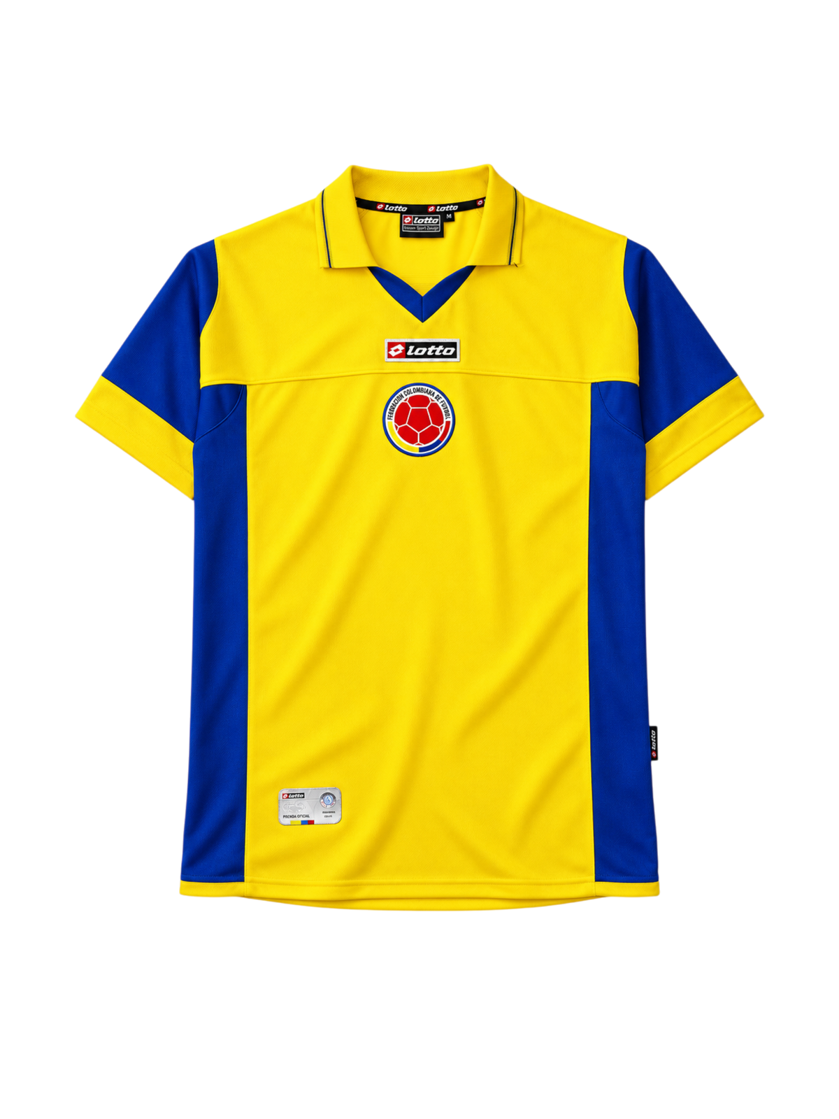 Colombia 2003-05 home jersey, front view, yellow body with blue side panels, yellow polo collar, Lotto logo, Colombian federation crest