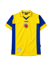 Colombia 2003-05 home jersey, front view, yellow body with blue side panels, yellow polo collar, Lotto logo, Colombian federation crest