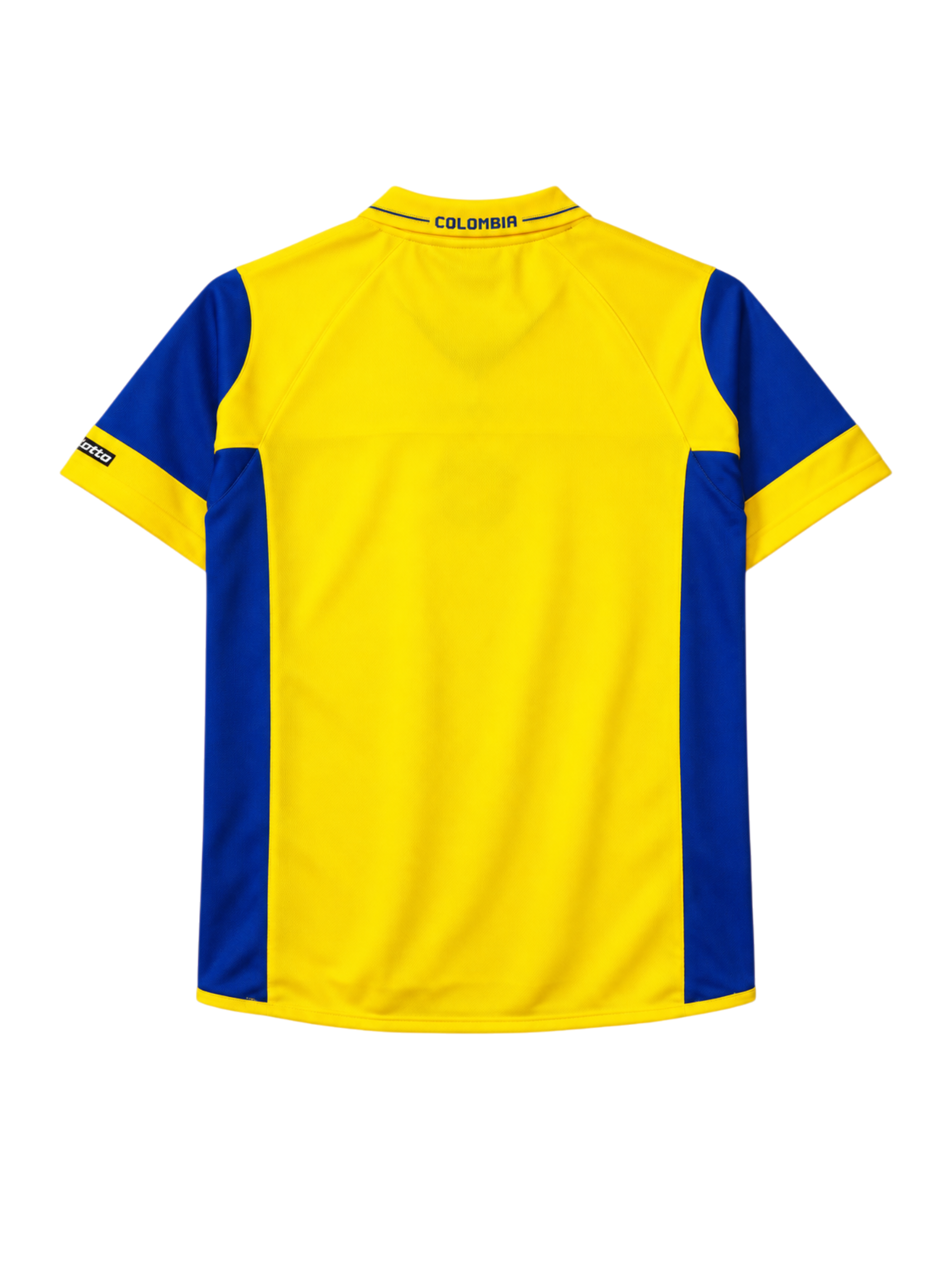 Colombia 2003-05 home jersey, front view, yellow body with blue side panels, yellow polo collar, Lotto logo, Colombian federation crest