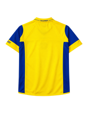 Colombia 2003-05 home jersey, front view, yellow body with blue side panels, yellow polo collar, Lotto logo, Colombian federation crest