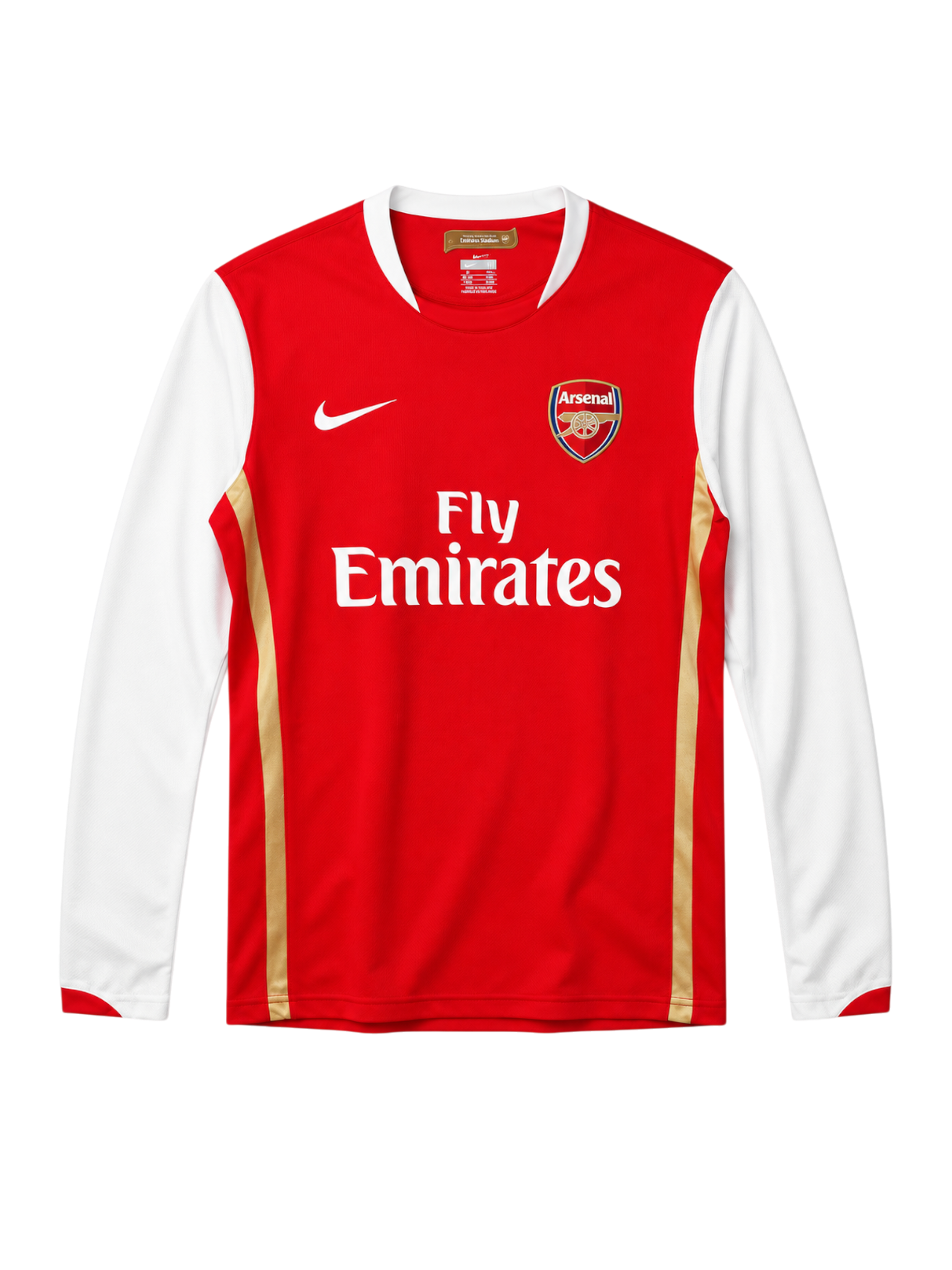 Arsenal 2006-07 long-sleeve home jersey, front view, red body with white sleeves, gold pinstripes, Nike swoosh, Fly Emirates sponsor logo, club crest, Emirates Stadium collar tag