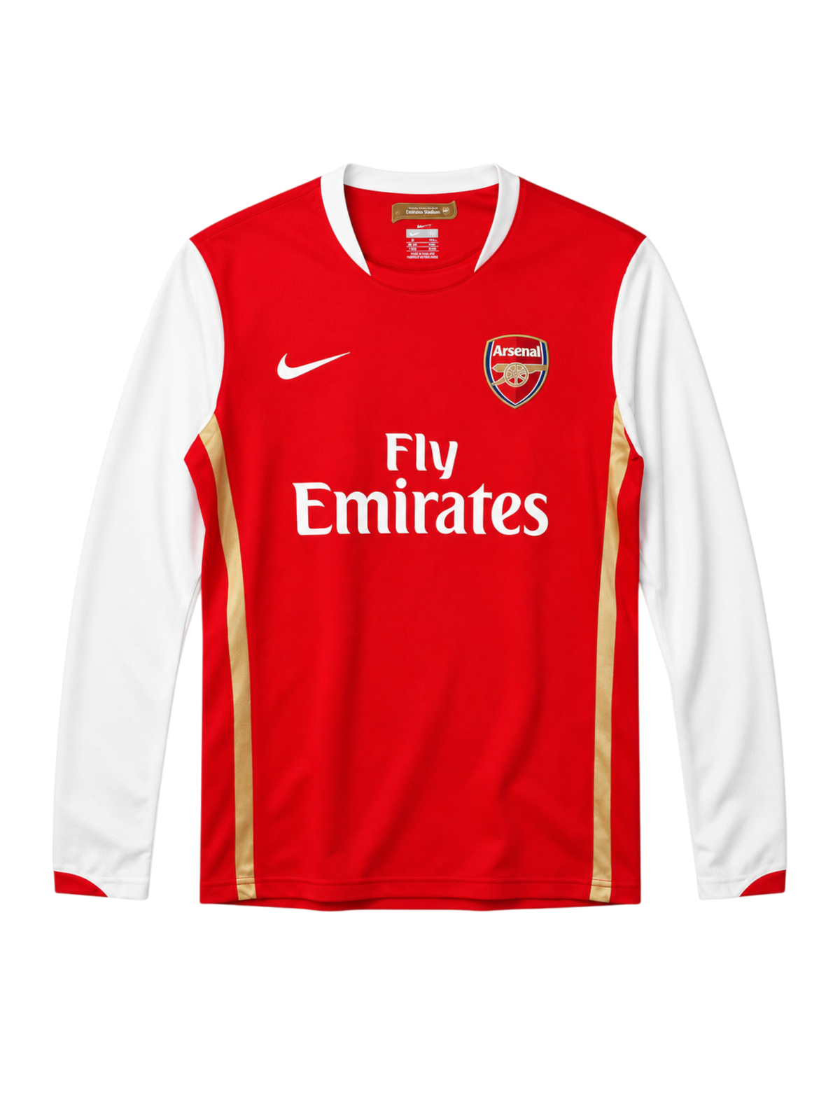 Arsenal 2006-07 long-sleeve home jersey, front view, red body with white sleeves, gold pinstripes, Nike swoosh, Fly Emirates sponsor logo, club crest, Emirates Stadium collar tag