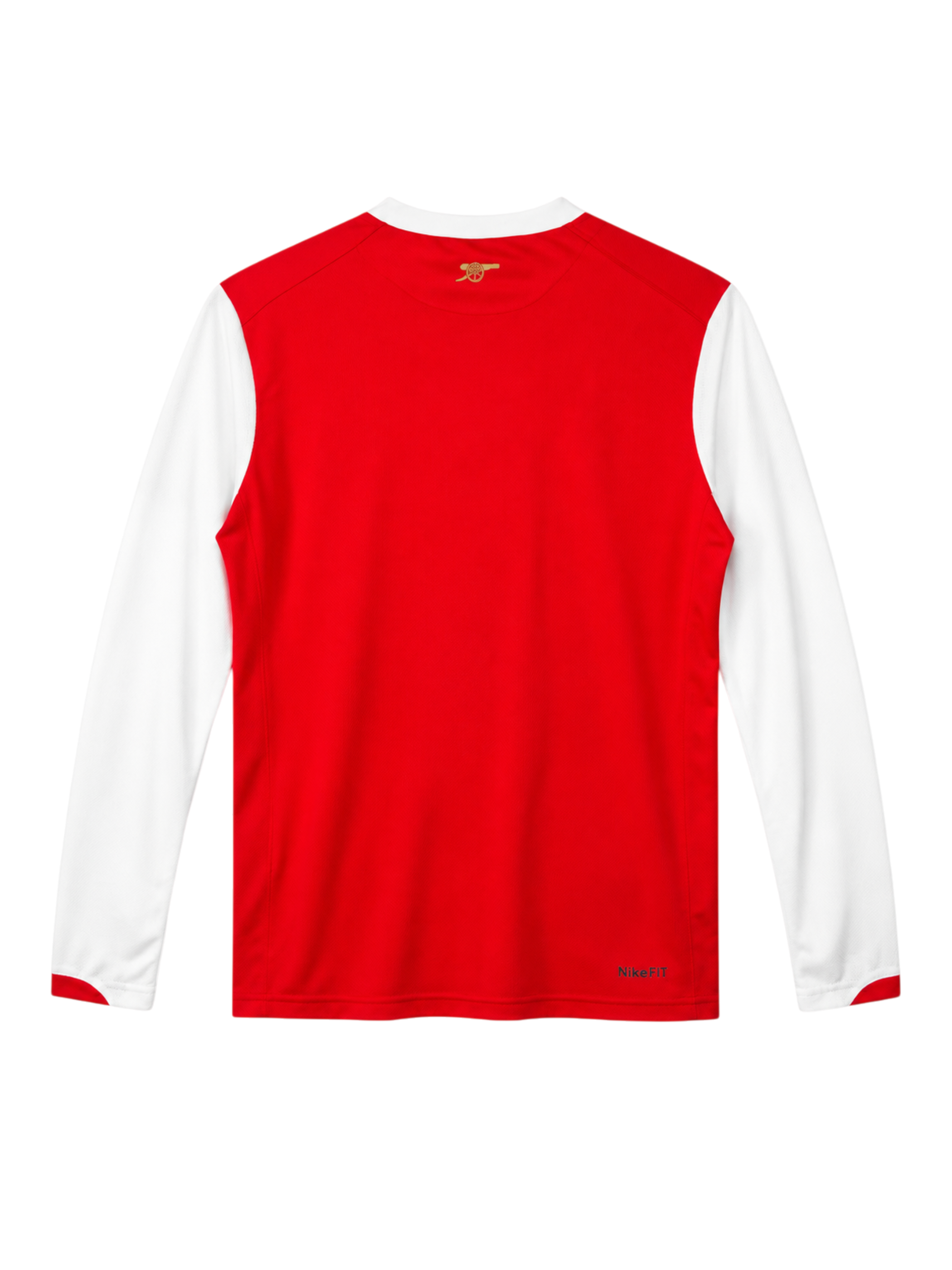 Arsenal 2006-07 long-sleeve home jersey, front view, red body with white sleeves, gold pinstripes, Nike swoosh, Fly Emirates sponsor logo, club crest, Emirates Stadium collar tag