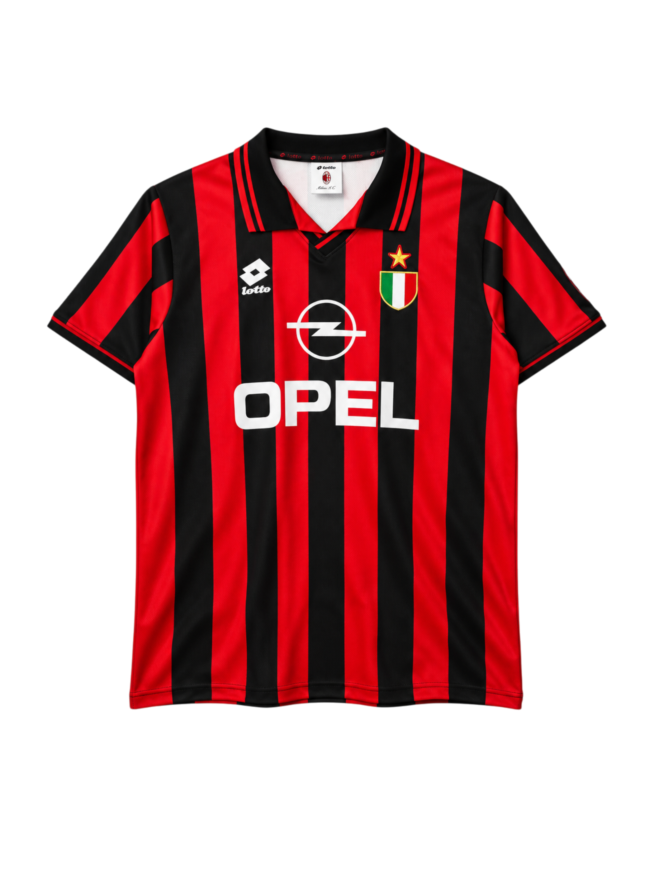 AC Milan 1996-97 home jersey, front view, red and black vertical stripes, striped polo collar, Lotto logo, Opel sponsor logo, Scudetto shield