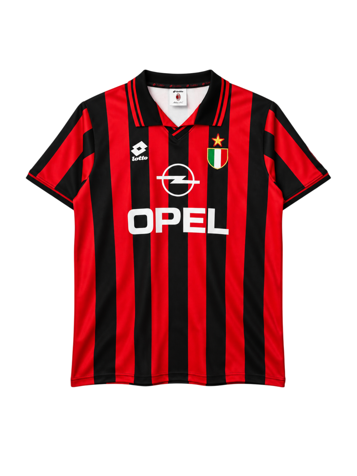 AC Milan 1996-97 home jersey, front view, red and black vertical stripes, striped polo collar, Lotto logo, Opel sponsor logo, Scudetto shield