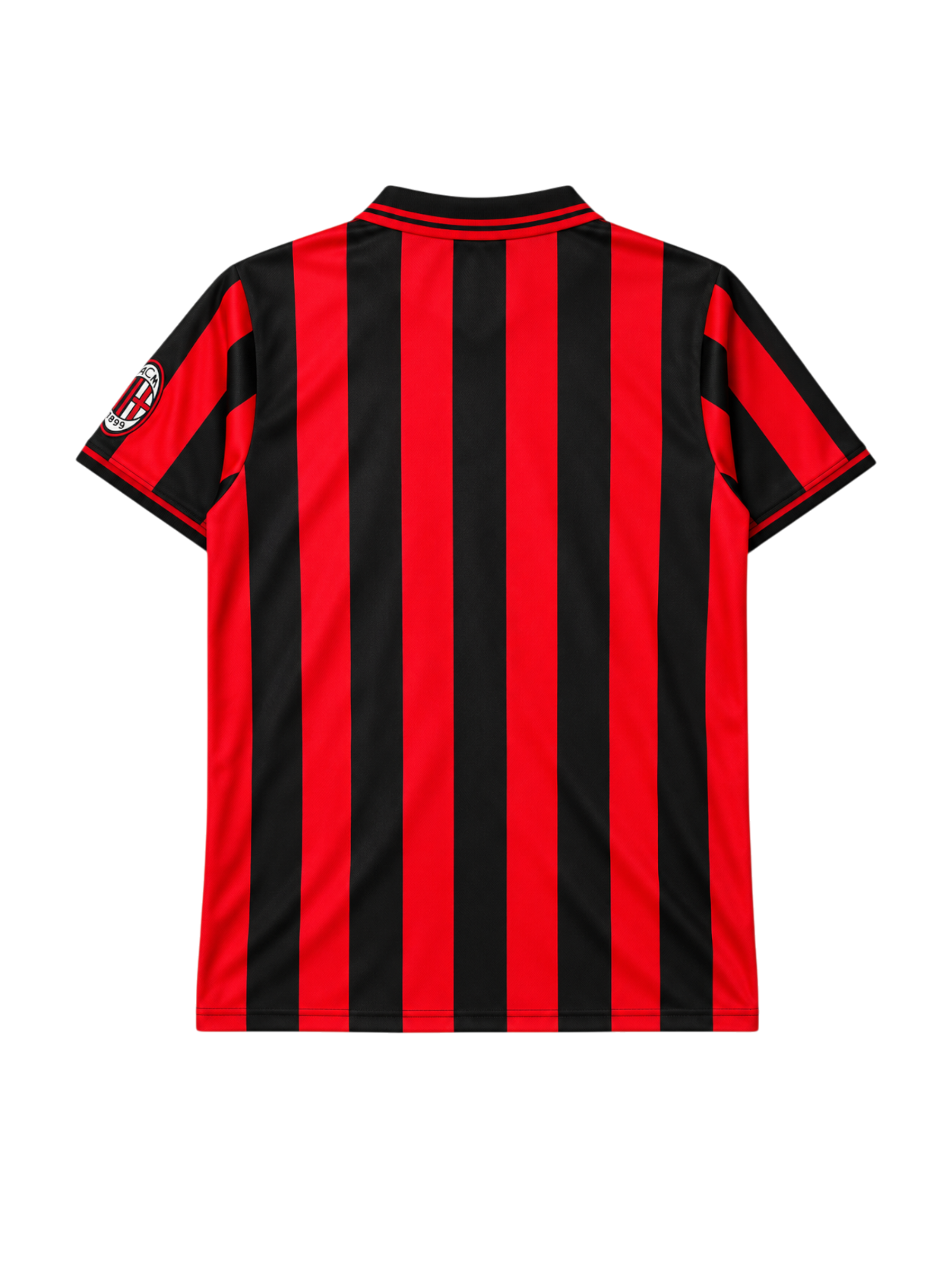 AC Milan 1996-97 home jersey, front view, red and black vertical stripes, striped polo collar, Lotto logo, Opel sponsor logo, Scudetto shield