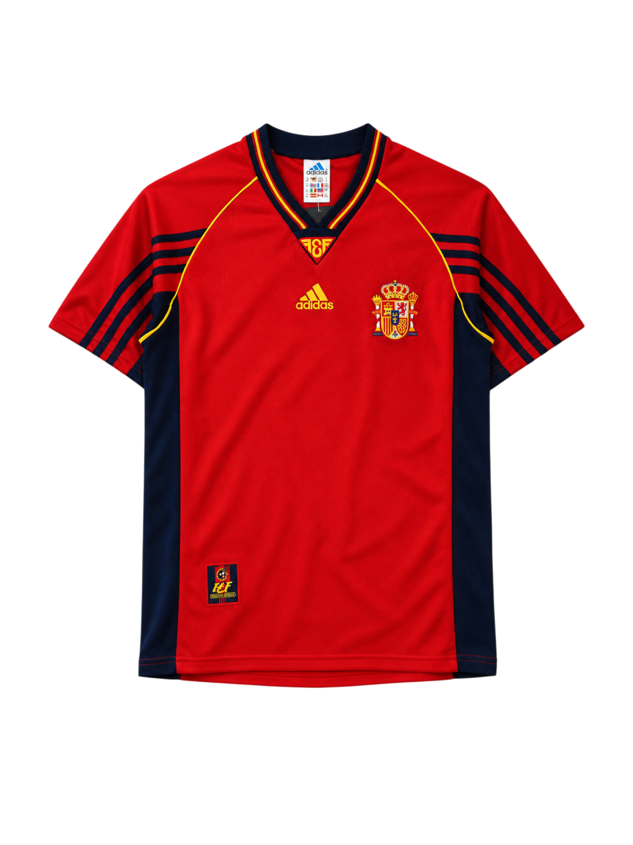 Spain 1998 World Cup home jersey, front view, red body with navy side panels, navy collar with RFEF text, adidas logo, Spanish federation crest