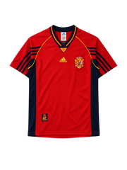 Spain 1998 World Cup home jersey, front view, red body with navy side panels, navy collar with RFEF text, adidas logo, Spanish federation crest