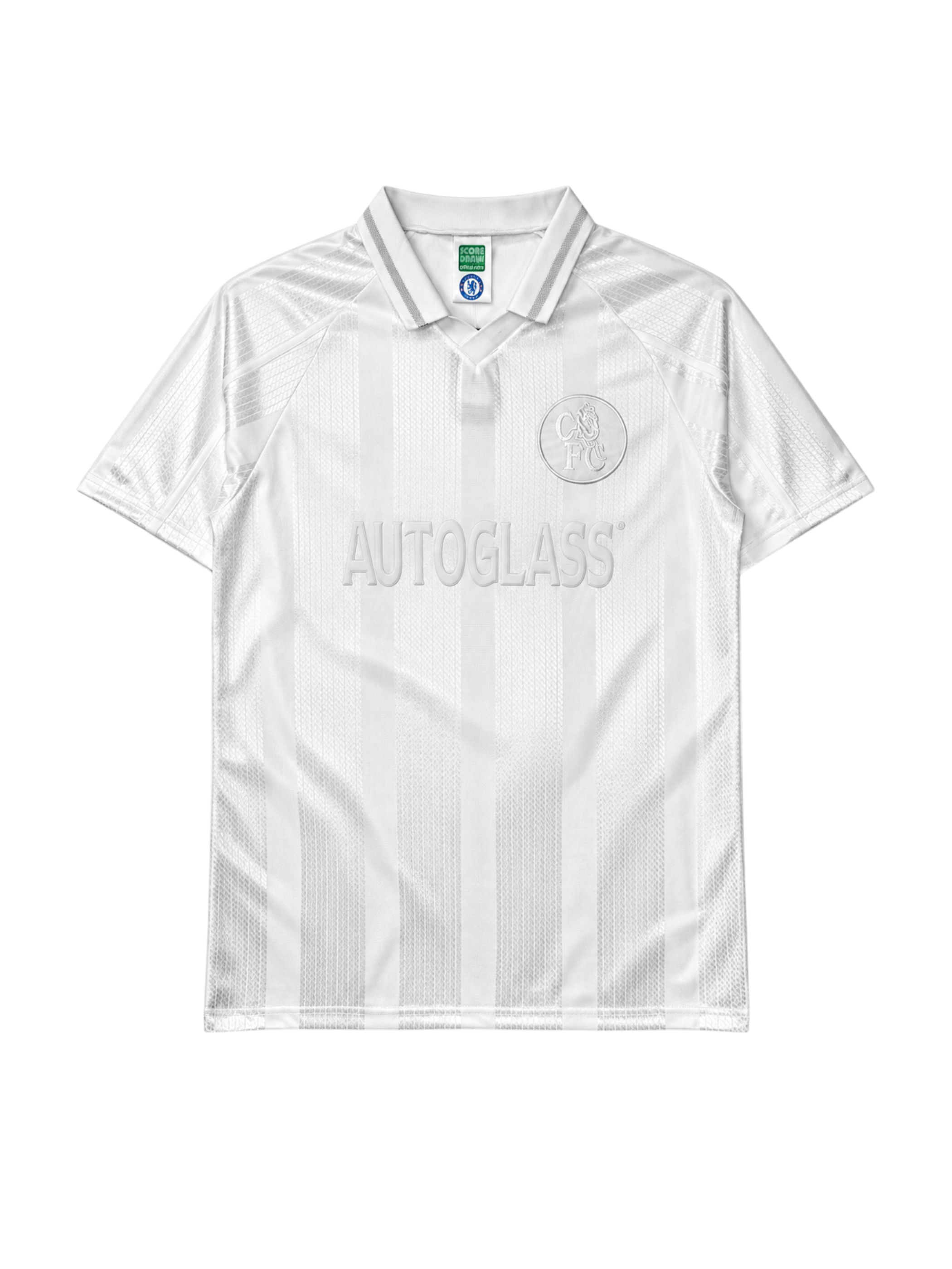 Chelsea 1998-99 whiteout away jersey, front view, all-white tonal jacquard pattern, embossed club crest, embossed Autoglass sponsor logo