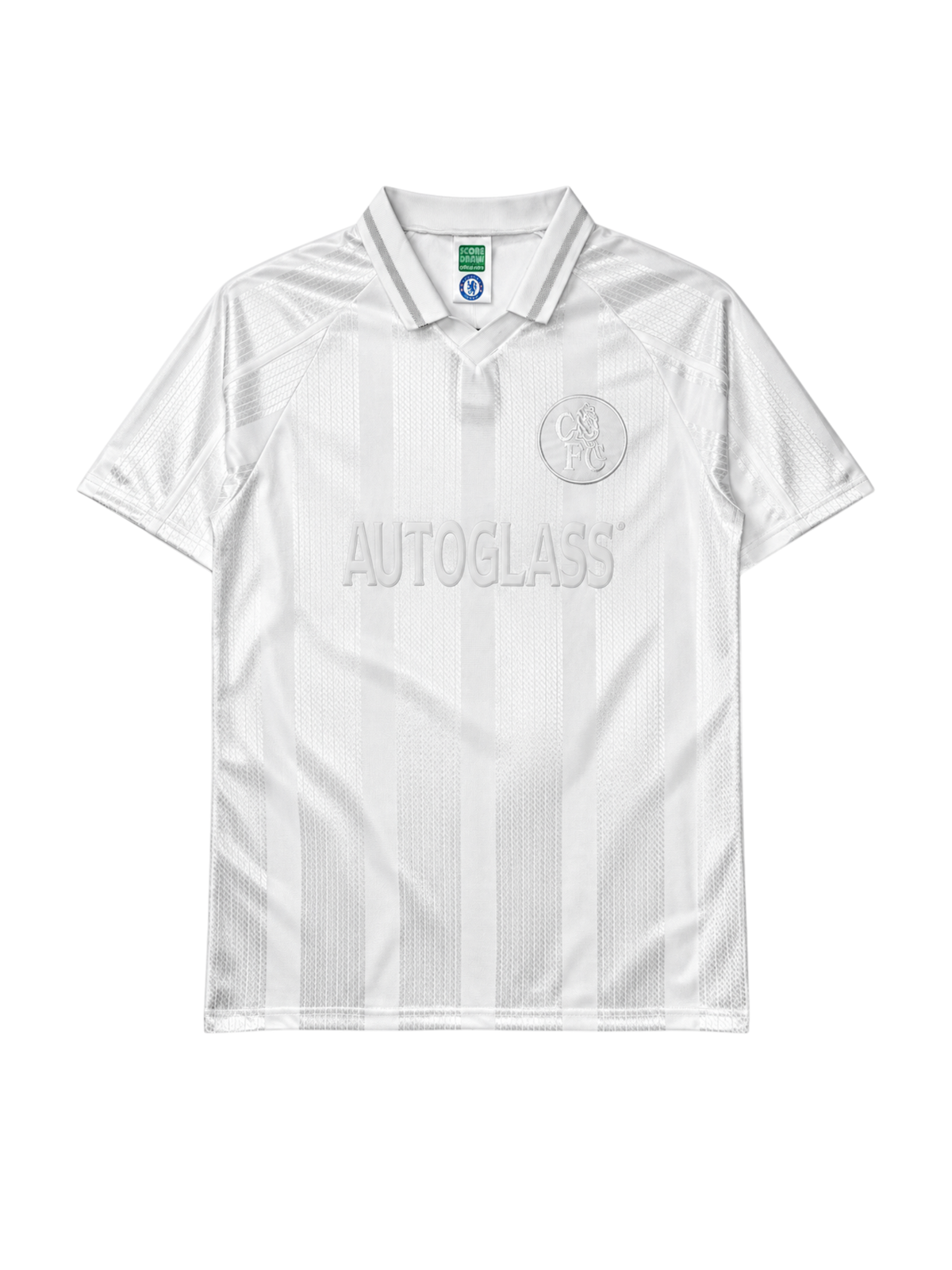 Chelsea 1998-99 whiteout away jersey, front view, all-white tonal jacquard pattern, embossed club crest, embossed Autoglass sponsor logo