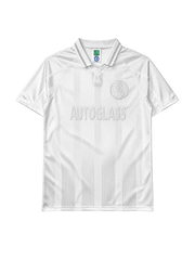 Chelsea 1998-99 whiteout away jersey, front view, all-white tonal jacquard pattern, embossed club crest, embossed Autoglass sponsor logo