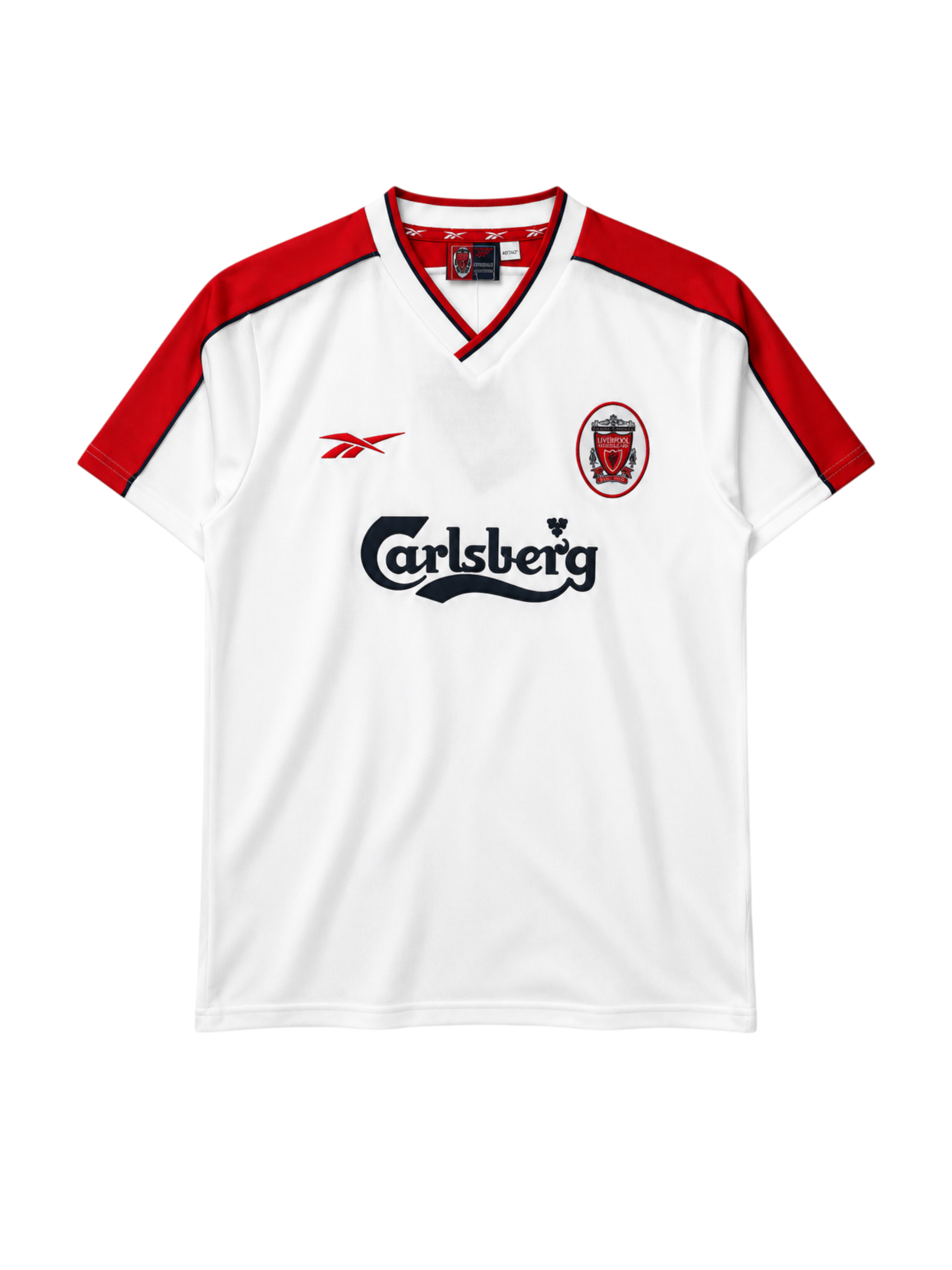 Liverpool 1998-99 away jersey, front view, white body with red shoulder panels, Reebok logo, Carlsberg sponsor logo, oval club crest
