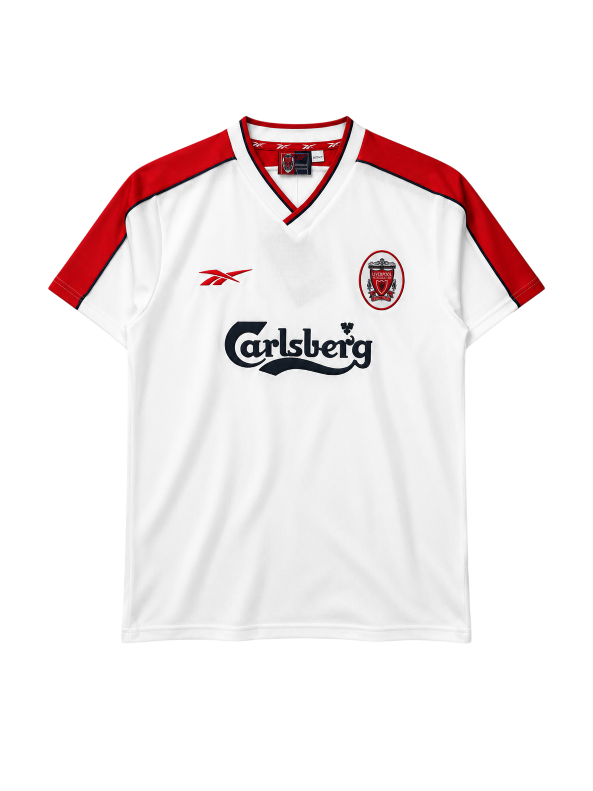 Liverpool 1998-99 away jersey, front view, white body with red shoulder panels, Reebok logo, Carlsberg sponsor logo, oval club crest