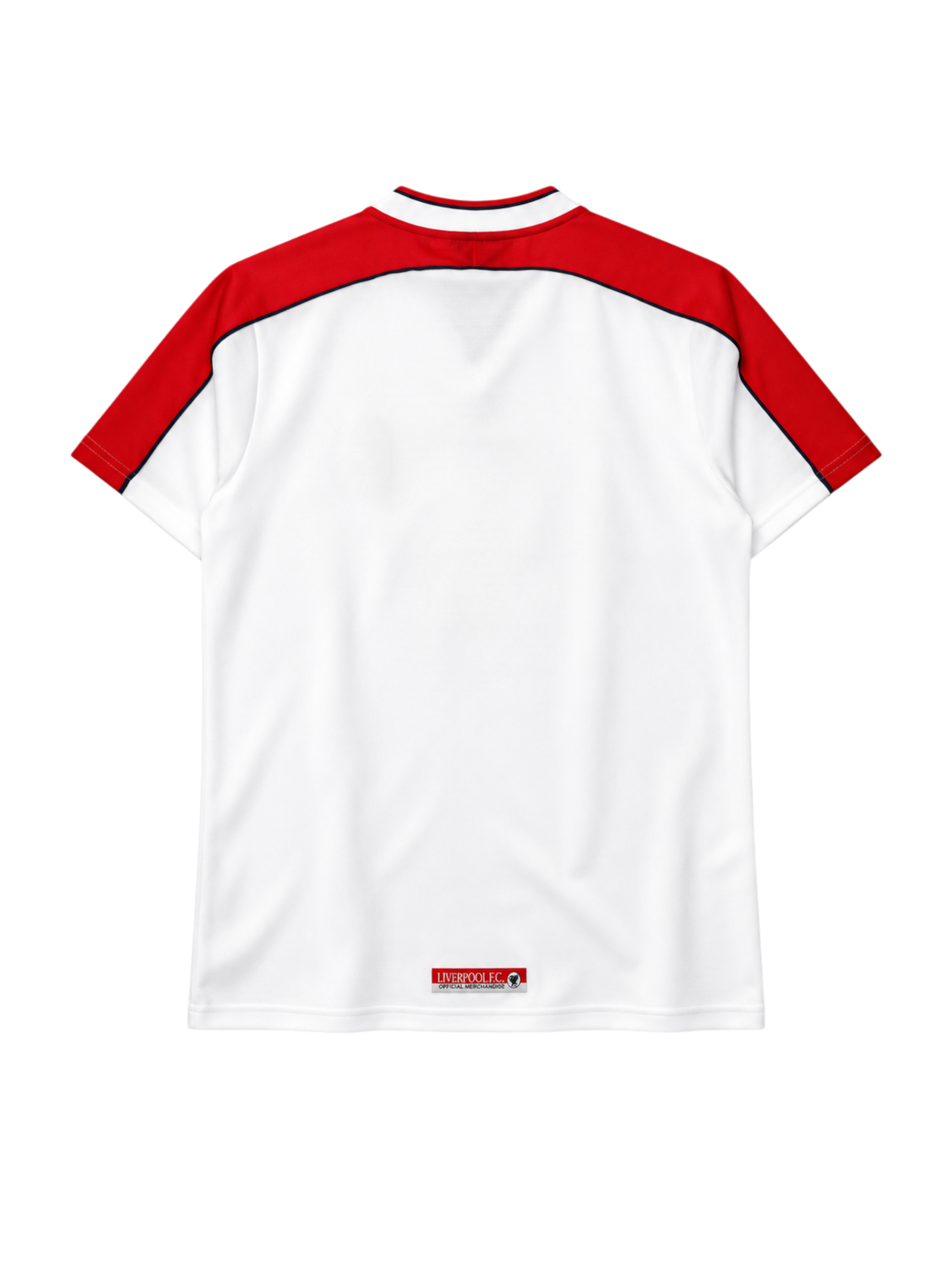 Liverpool 1998-99 away jersey, front view, white body with red shoulder panels, Reebok logo, Carlsberg sponsor logo, oval club crest