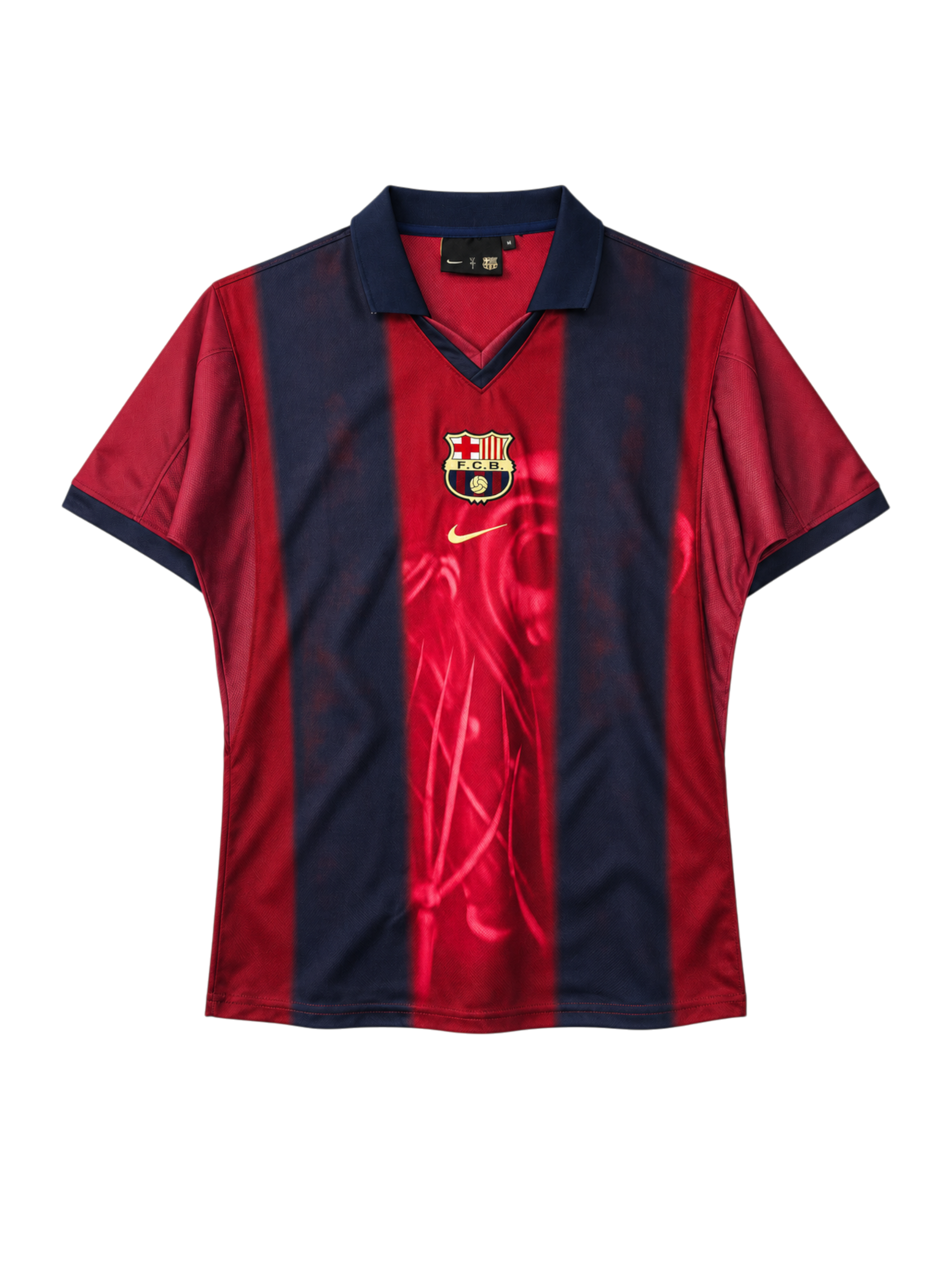 FC Barcelona 2000-01 home jersey, front view, navy and red vertical stripes with tonal graphic pattern, navy collar, Nike swoosh, club crest