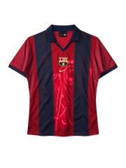 FC Barcelona 2000-01 home jersey, front view, navy and red vertical stripes with tonal graphic pattern, navy collar, Nike swoosh, club crest