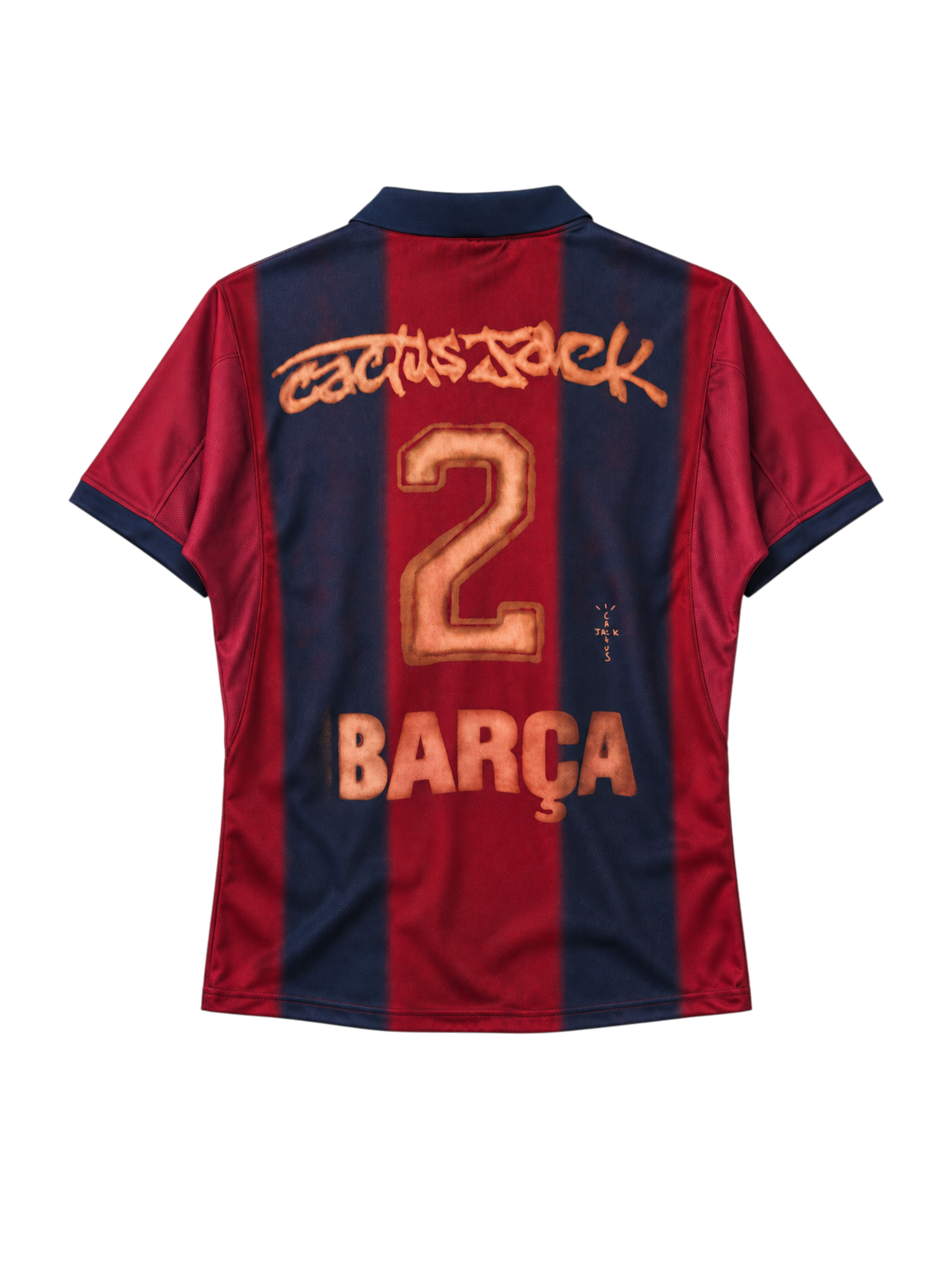 FC Barcelona 2000-01 home jersey, front view, navy and red vertical stripes with tonal graphic pattern, navy collar, Nike swoosh, club crest