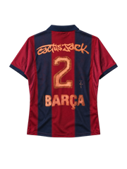 FC Barcelona 2000-01 home jersey, front view, navy and red vertical stripes with tonal graphic pattern, navy collar, Nike swoosh, club crest