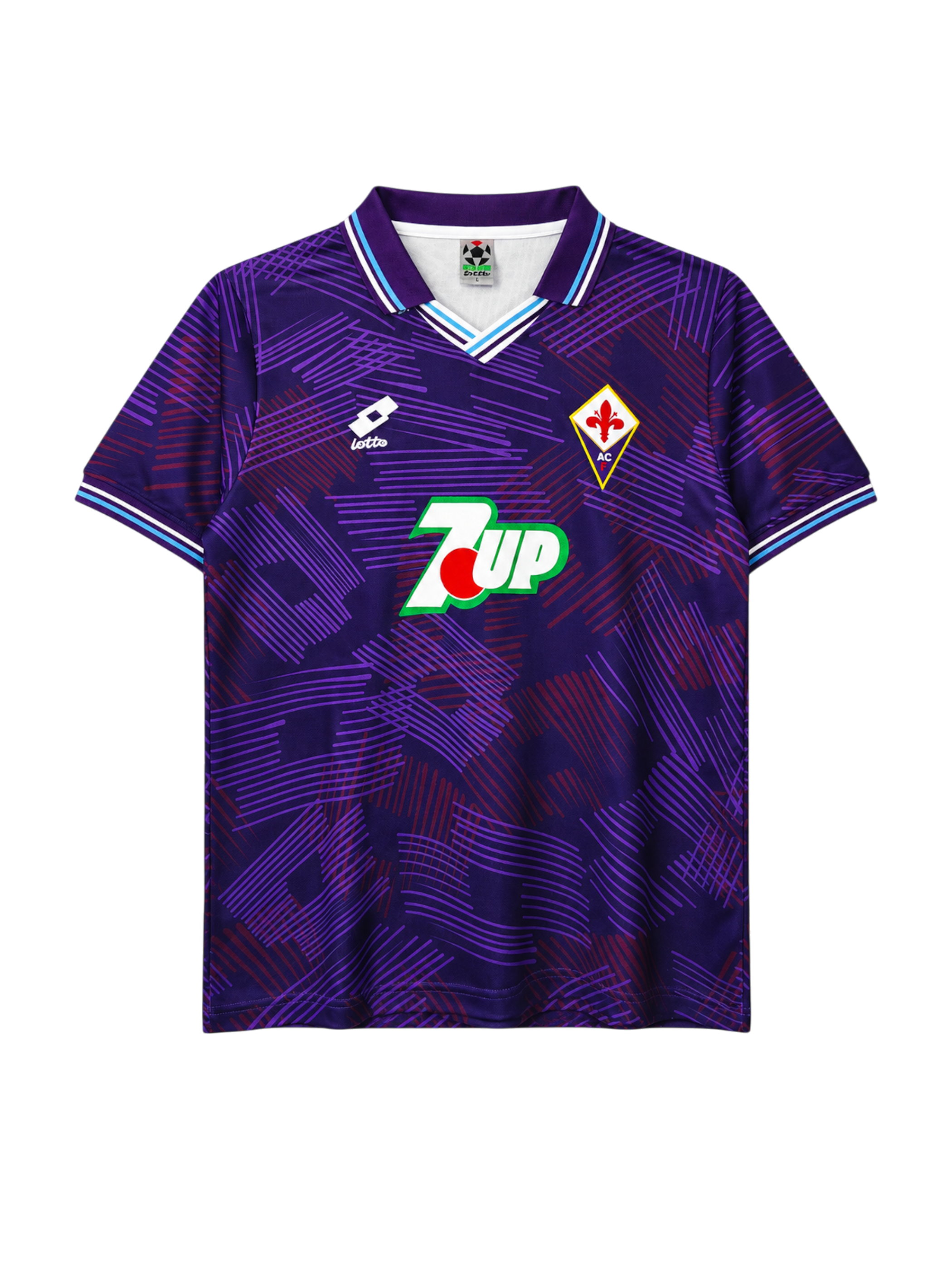 Fiorentina 1992-93 home jersey, front view, purple body with abstract crosshatch pattern, striped collar, Lotto logo, 7Up sponsor logo, diamond club crest