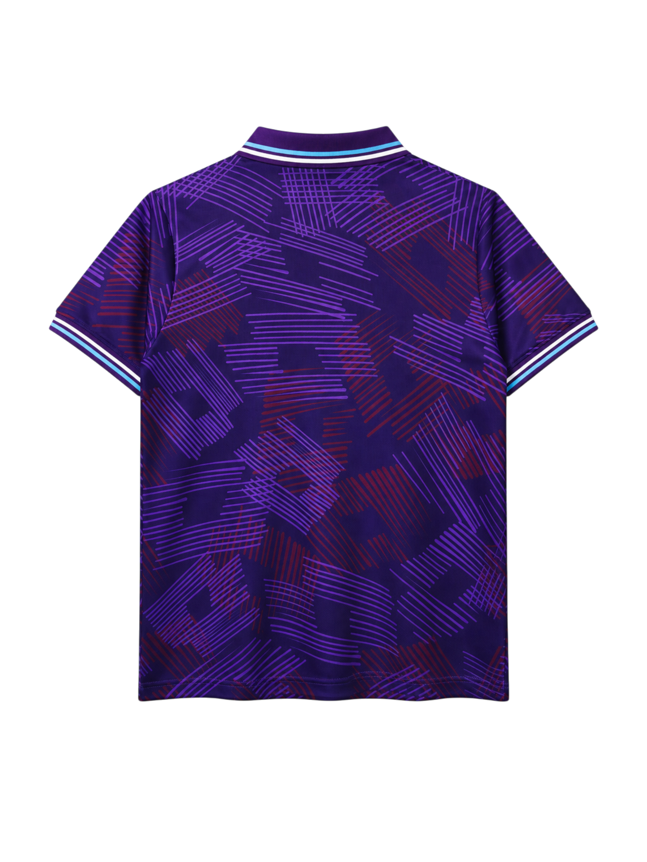 Fiorentina 1992-93 home jersey, front view, purple body with abstract crosshatch pattern, striped collar, Lotto logo, 7Up sponsor logo, diamond club crest